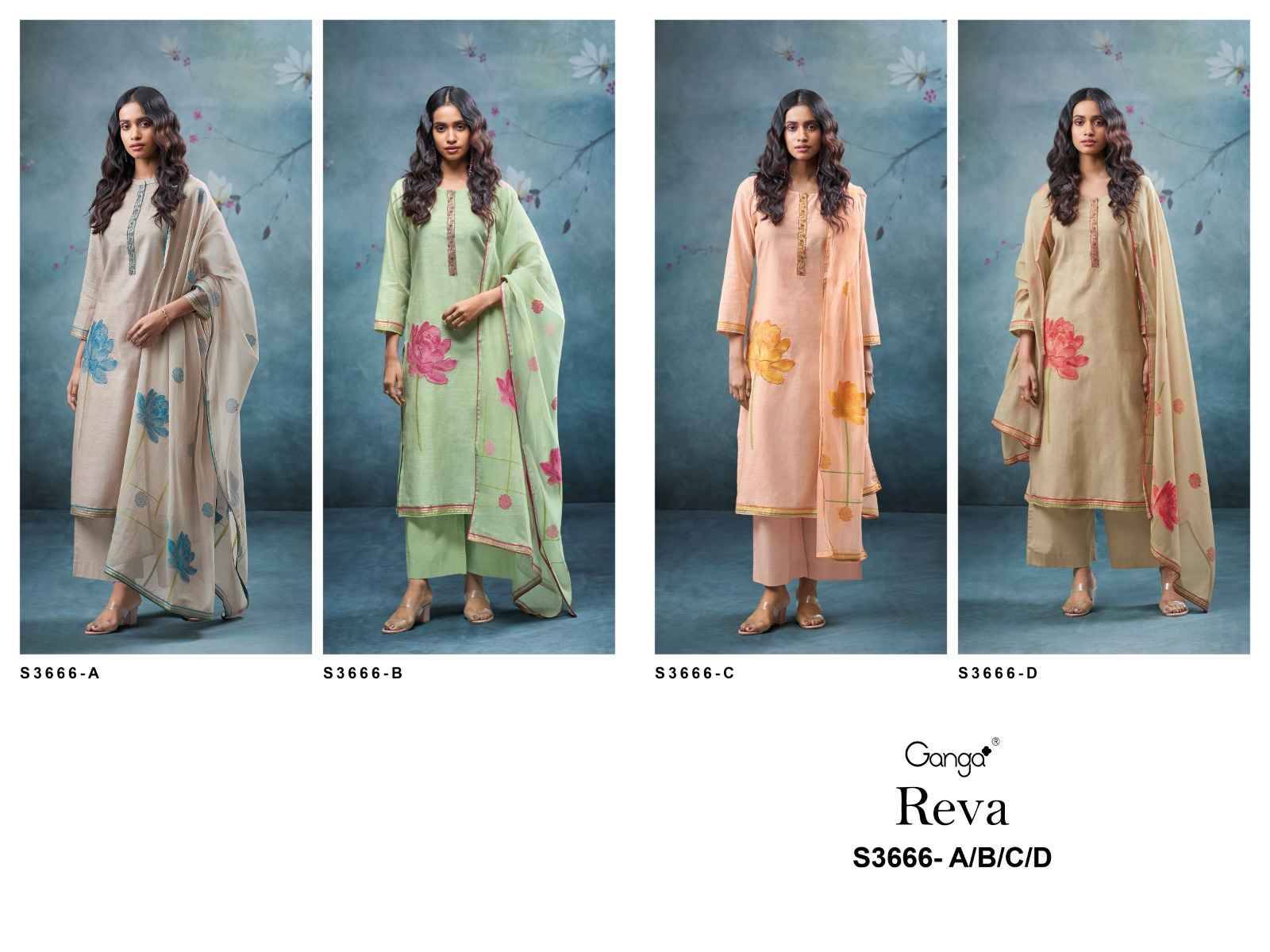 Reva-3666 By Ganga Fashion 3666-A To 3666-D Series Beautiful Festive Suits Colorful Stylish Fancy Casual Wear & Ethnic Wear Pure Chanderi Jacquard Dresses At Wholesale Price