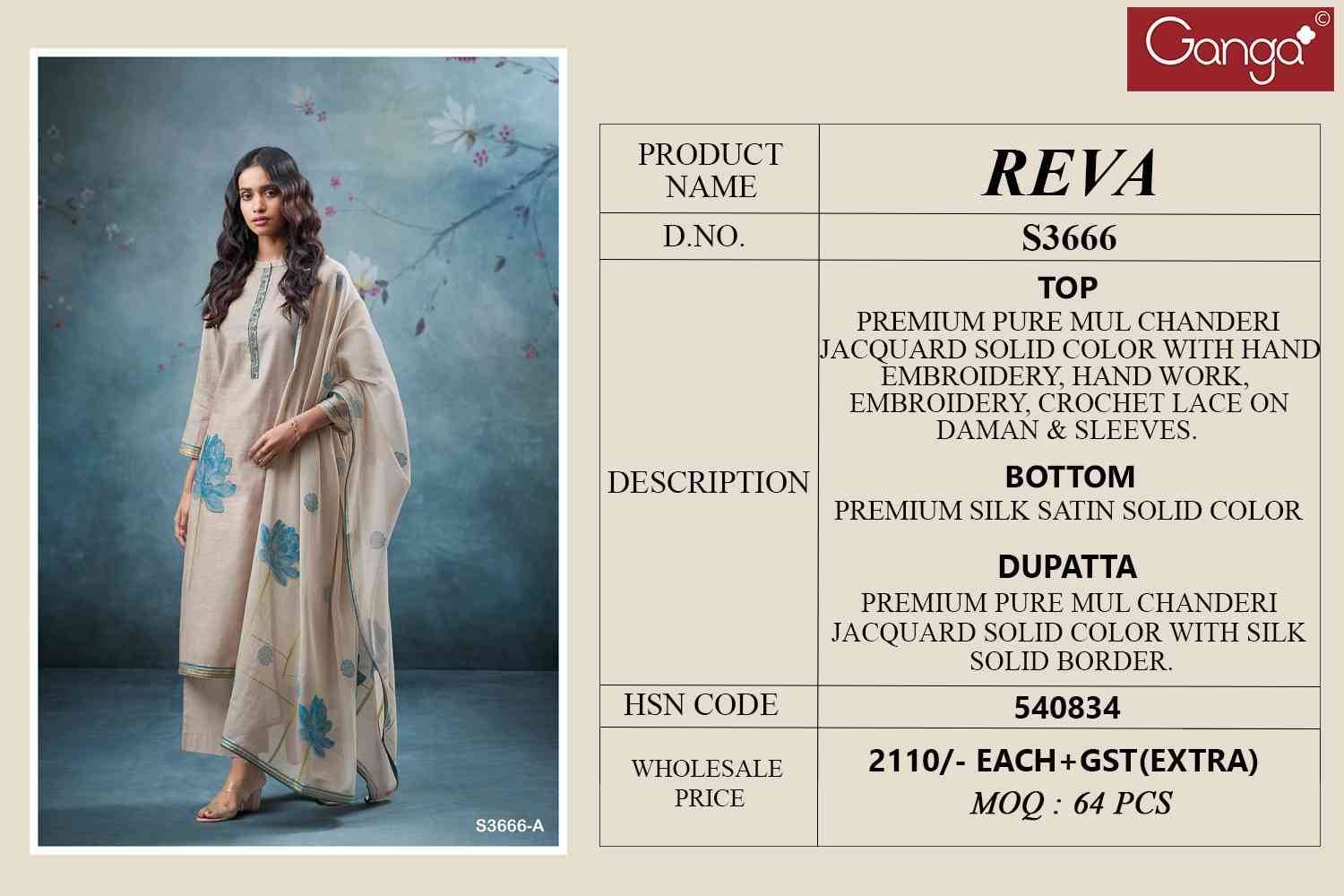 Reva-3666 By Ganga Fashion 3666-A To 3666-D Series Beautiful Festive Suits Colorful Stylish Fancy Casual Wear & Ethnic Wear Pure Chanderi Jacquard Dresses At Wholesale Price