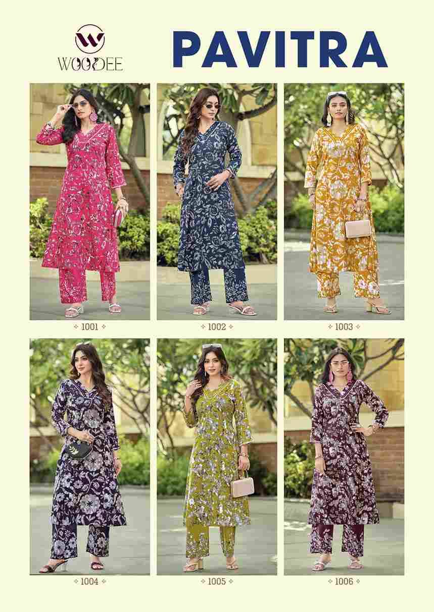 Pavitra By Woodee 1001 To 1006 Series Designer Collection Beautiful Stylish Fancy Colorful Party Wear & Occasional Wear Rayon Print Kurtis With Bottom At Wholesale Price