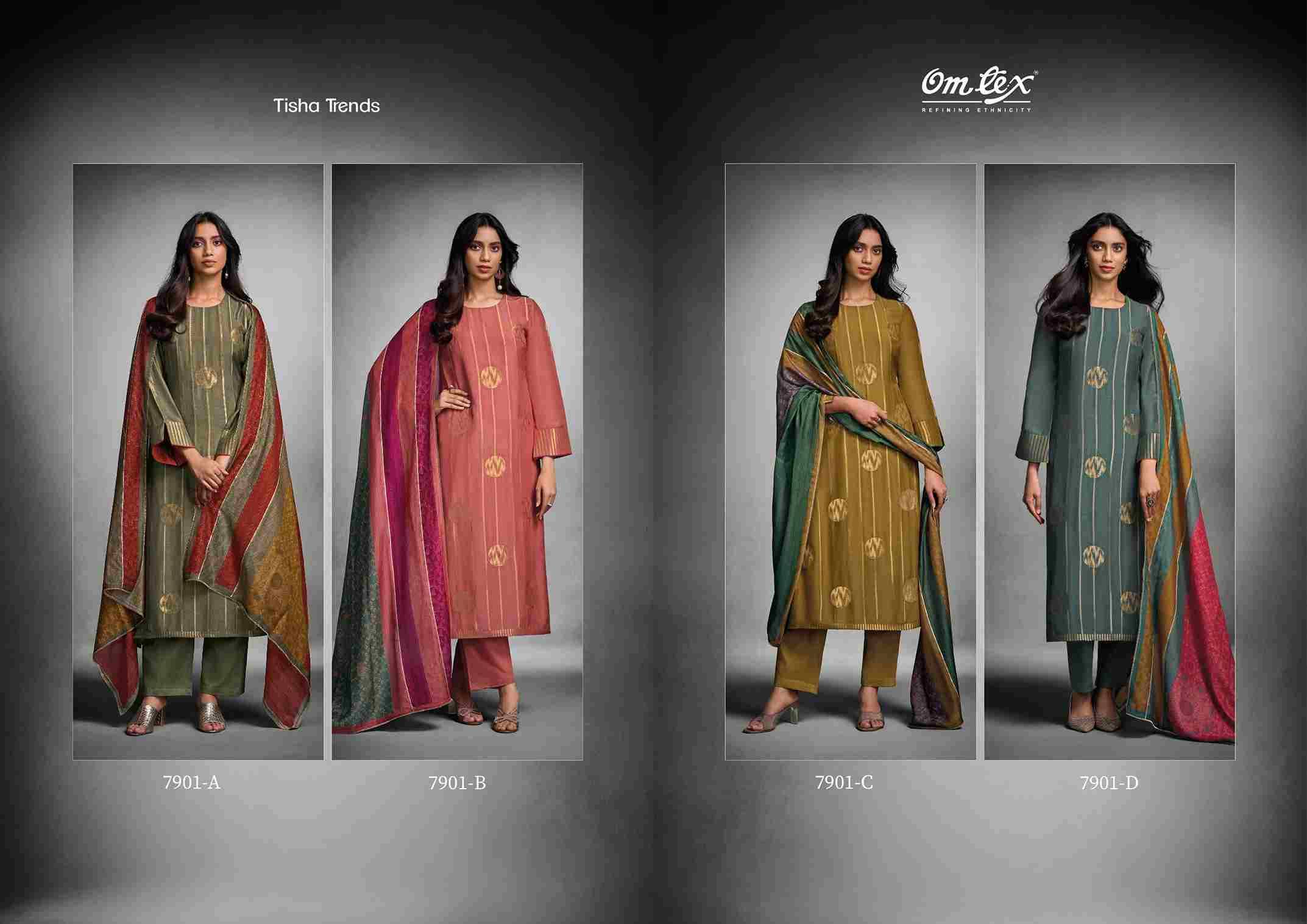 Tisha Trends By Om Tex 7901-A To 7901-D Series Beautiful Festive Suits Colorful Stylish Fancy Casual Wear & Ethnic Wear Muslin Jacquard Print Dresses At Wholesale Price