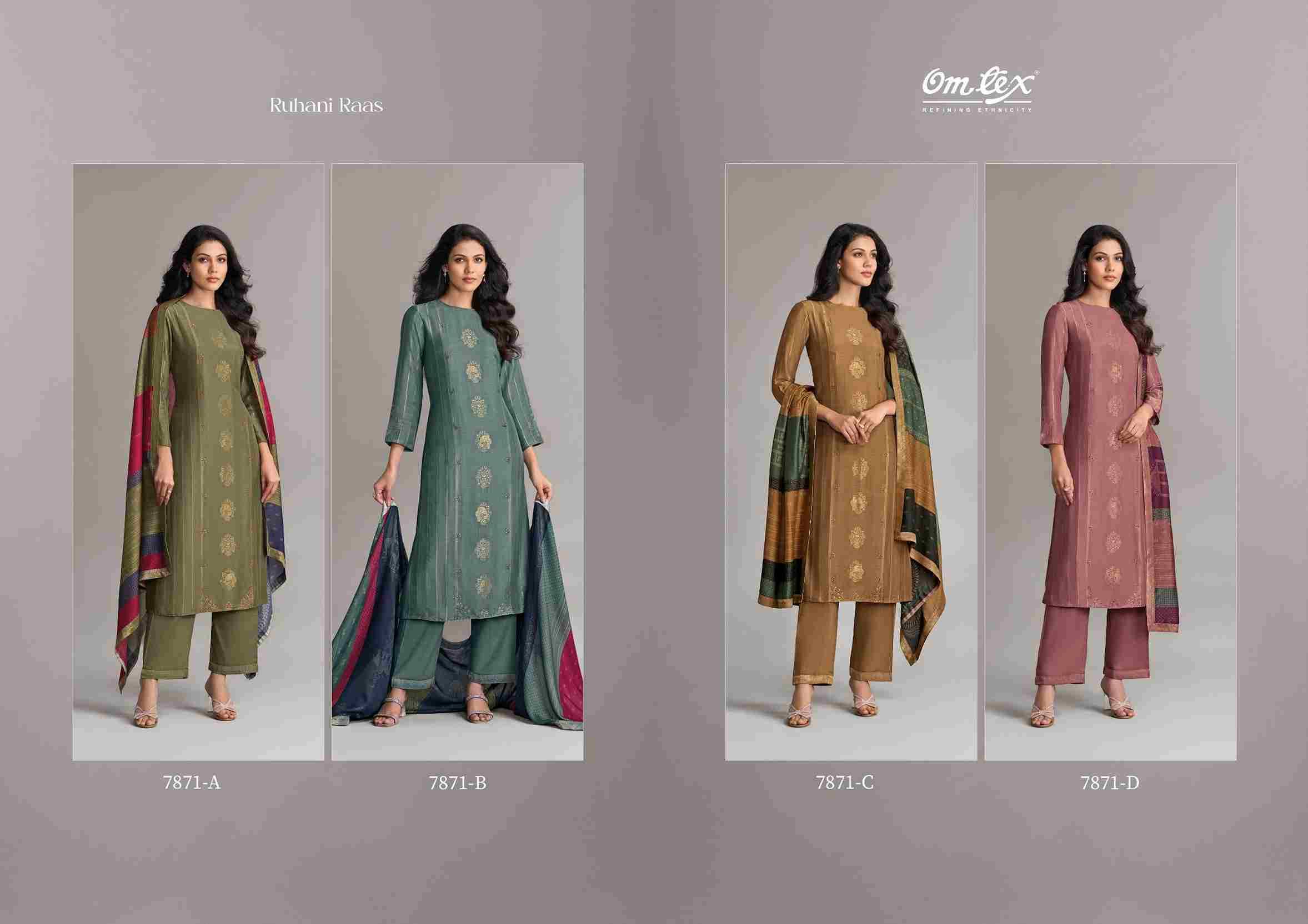 Ruhani Raas By Om Tex 7871-A To 7871-D Series Beautiful Festive Suits Colorful Stylish Fancy Casual Wear & Ethnic Wear Muslin Jacquard Dresses At Wholesale Price