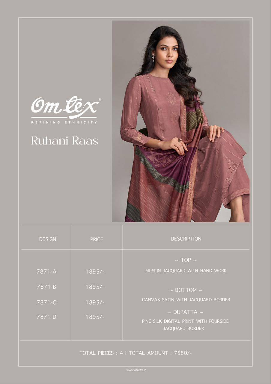 Ruhani Raas By Om Tex 7871-A To 7871-D Series Beautiful Festive Suits Colorful Stylish Fancy Casual Wear & Ethnic Wear Muslin Jacquard Dresses At Wholesale Price