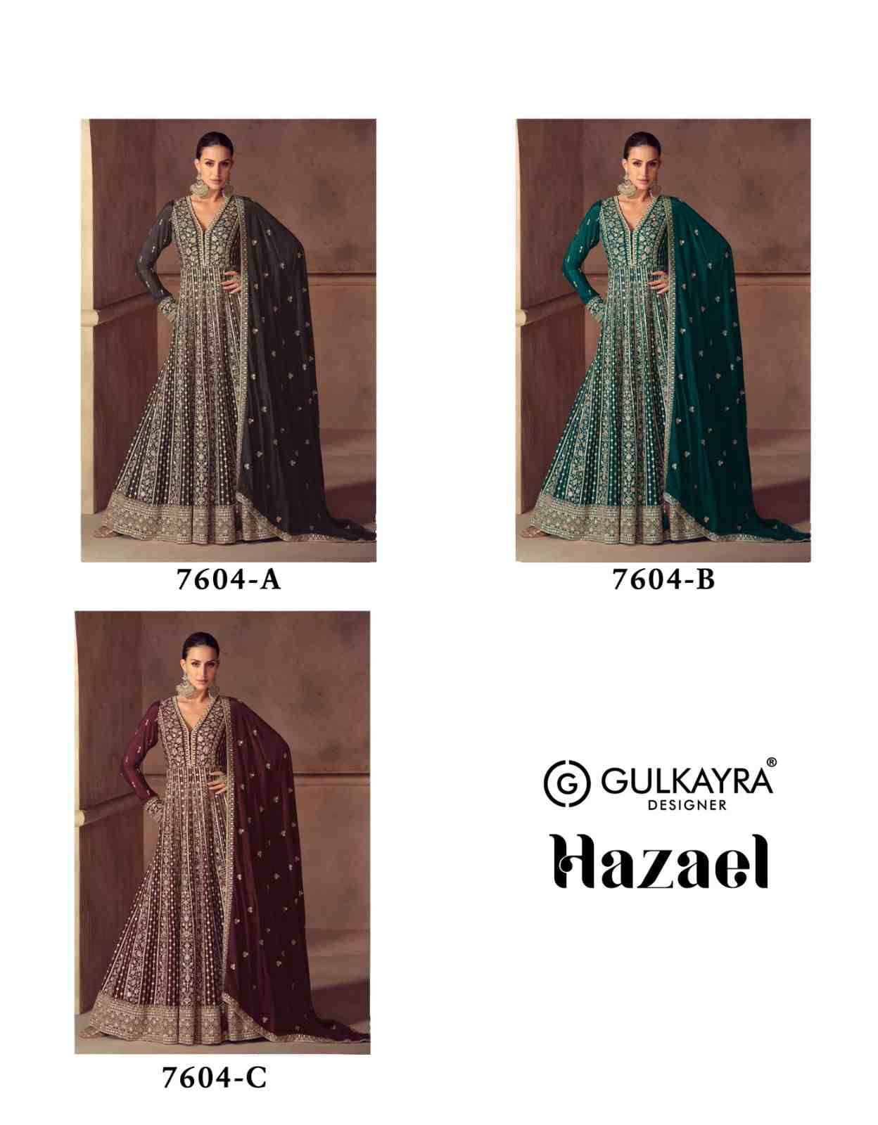 Hazael By Gulkayra Designer 7604-A To 7604-C Series Designer Stylish Fancy Colorful Beautiful Party Wear & Ethnic Wear Collection Chinnon Gowns With Dupatta At Wholesale Price