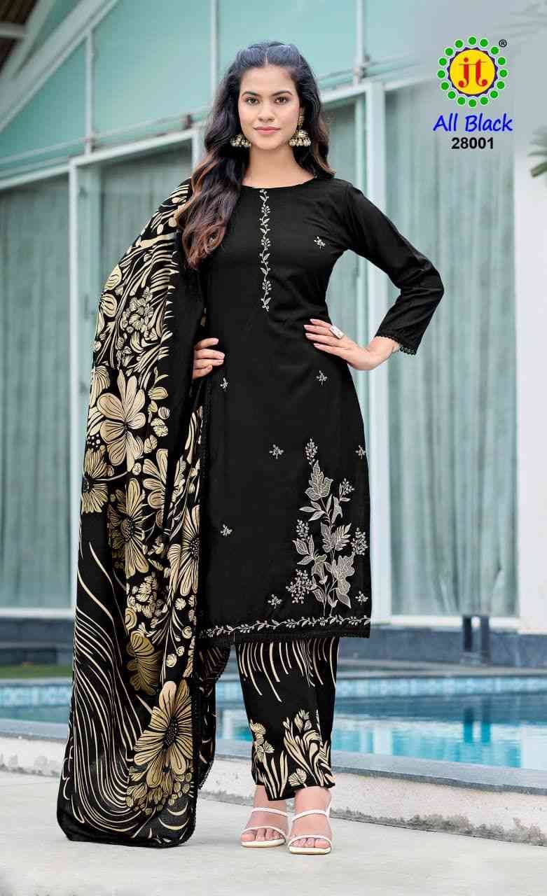 All Black Vol-28 By JT 28001 To 28005 Series Beautiful Festive Suits Colorful Stylish Fancy Casual Wear & Ethnic Wear Rayon Dresses At Wholesale Price