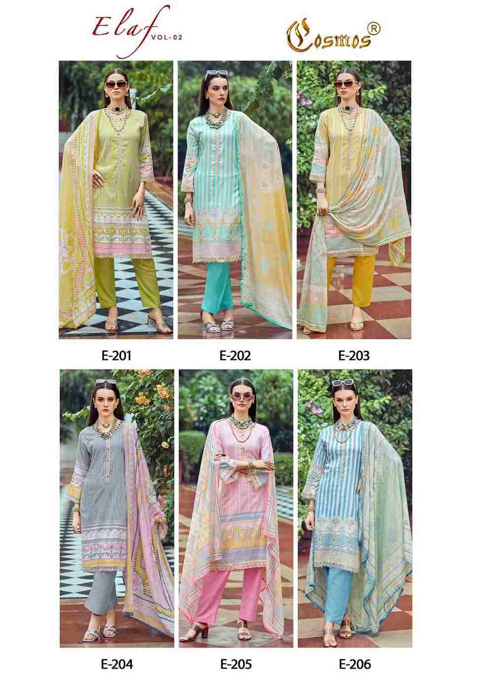 Elaf Vol-2 By Cosmos 201 To 206 Series Beautiful Pakistani Suits Colorful Stylish Fancy Casual Wear & Ethnic Wear Lawn Cotton Embroidered Dresses At Wholesale Price