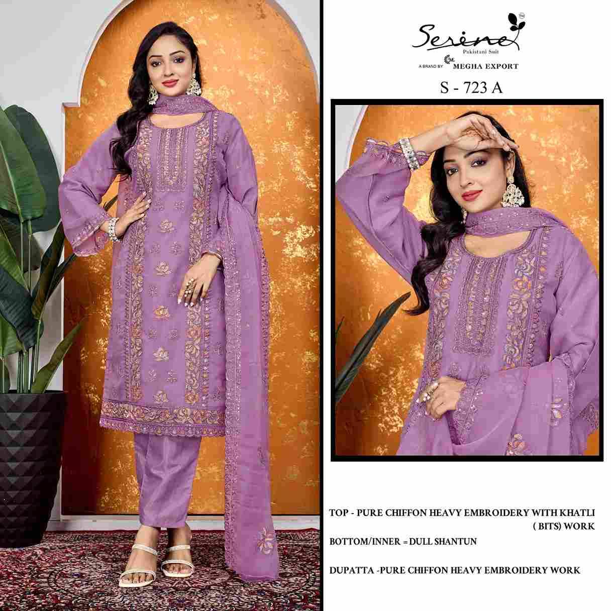 Serene Hit Design S-723 Colours By Serene S-723-A To S-723-D Series Designer Pakistani Suits Beautiful Fancy Colorful Stylish Party Wear & Occasional Wear Pure Chiffon Embroidered Dresses At Wholesale Price