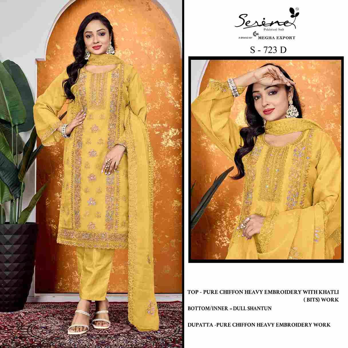 Serene Hit Design S-723 Colours By Serene S-723-A To S-723-D Series Designer Pakistani Suits Beautiful Fancy Colorful Stylish Party Wear & Occasional Wear Pure Chiffon Embroidered Dresses At Wholesale Price