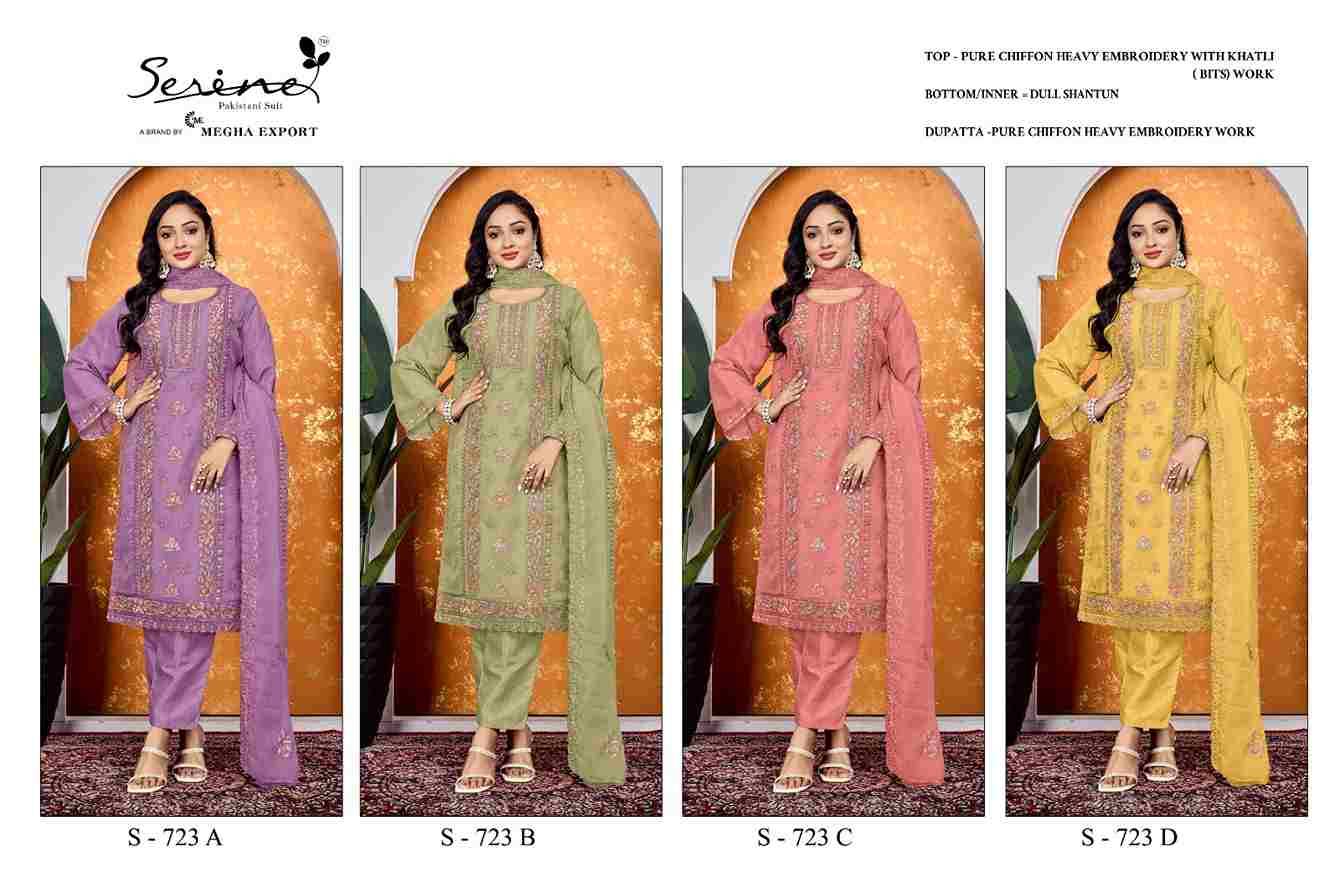 Serene Hit Design S-723 Colours By Serene S-723-A To S-723-D Series Designer Pakistani Suits Beautiful Fancy Colorful Stylish Party Wear & Occasional Wear Pure Chiffon Embroidered Dresses At Wholesale Price