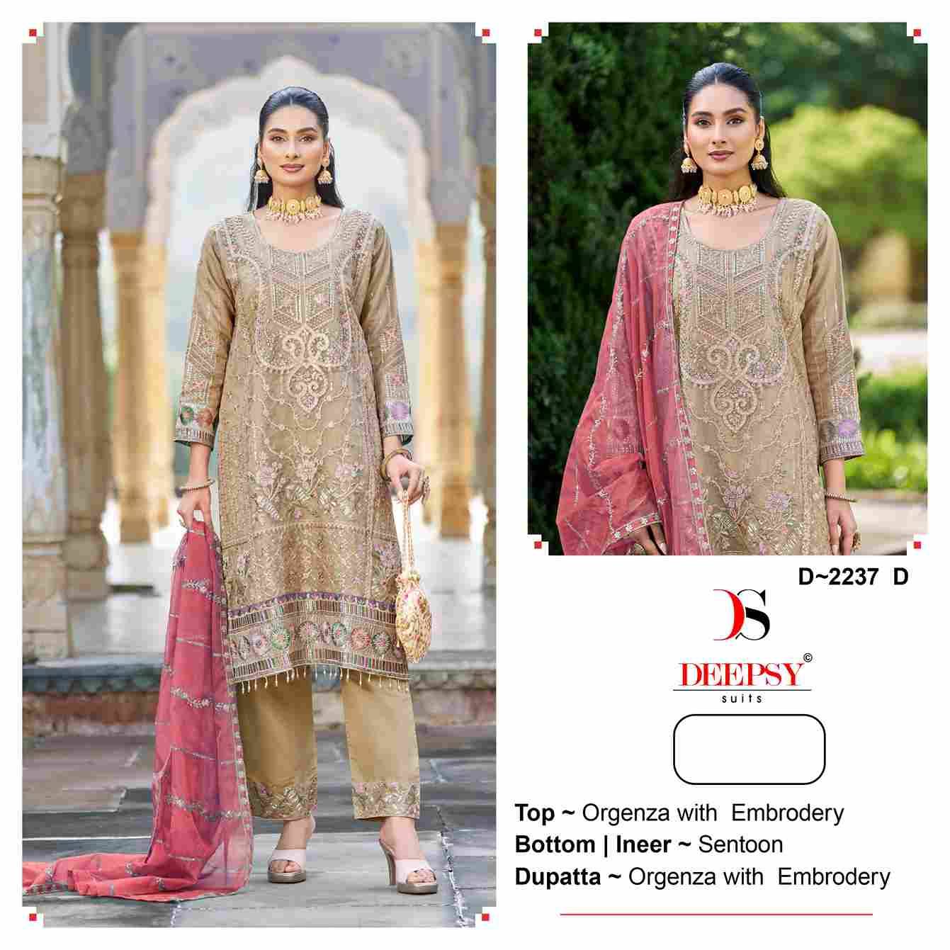 Deepsy Hit Design 2237 Colours By Deepsy Suits 2237-A To 2237-D Series Beautiful Pakistani Suits Colorful Stylish Fancy Casual Wear & Ethnic Wear Organza With Embroidered Dresses At Wholesale Price