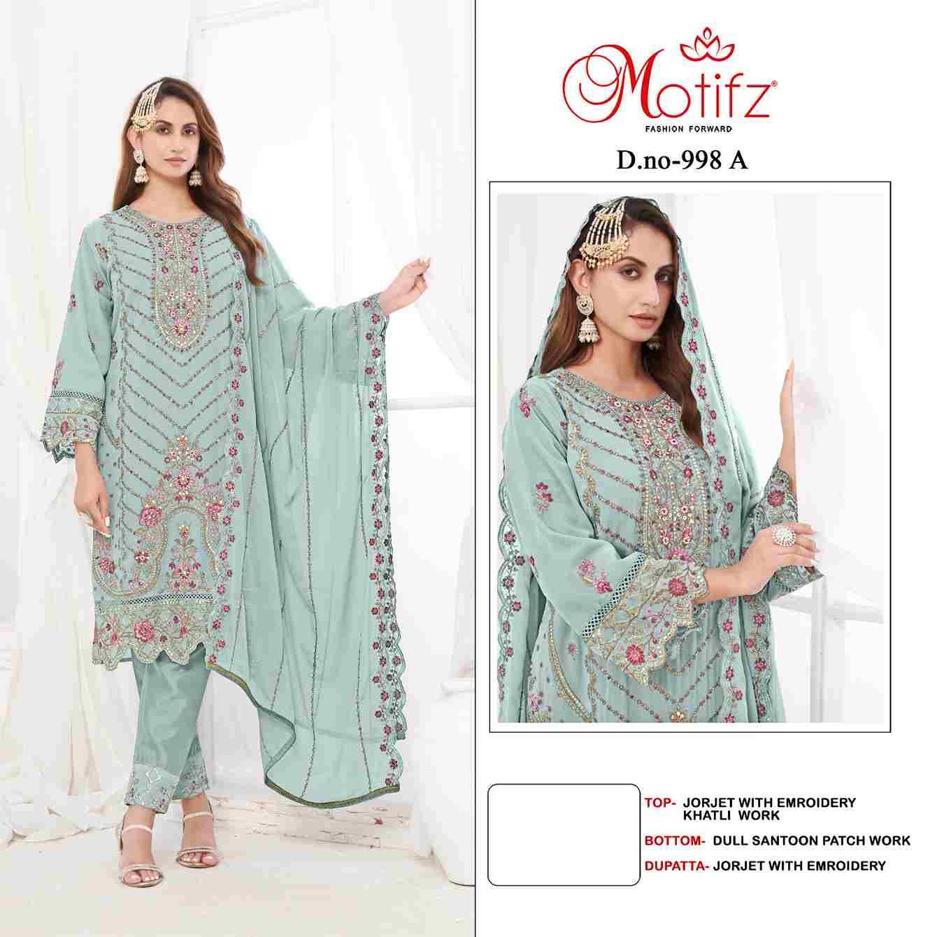 Motifz Hit Design 998 Colours By Motifz 998-A To 998-D Series Beautiful Pakistani Suits Colorful Stylish Fancy Casual Wear & Ethnic Wear Georgette Dresses At Wholesale Price