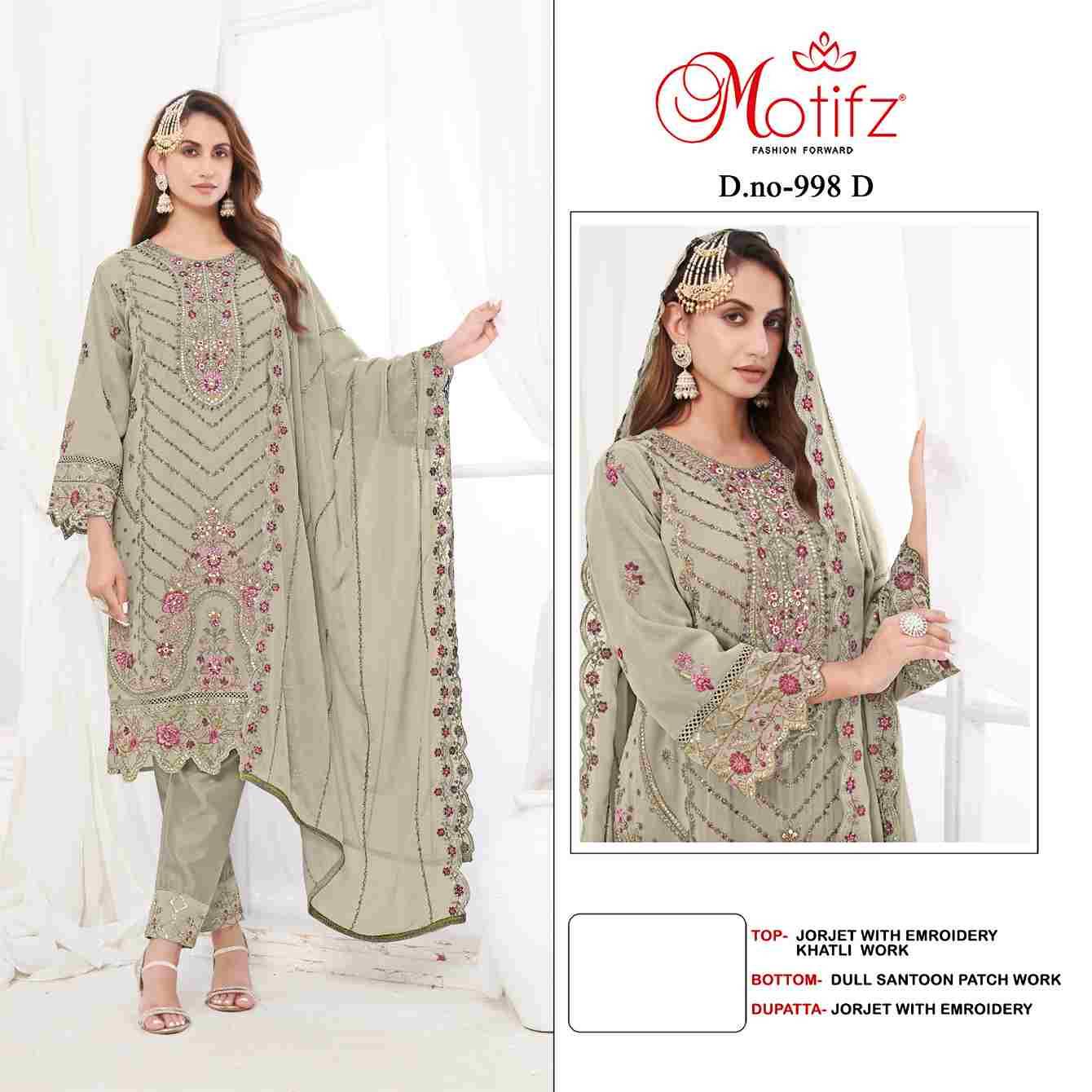 Motifz Hit Design 998 Colours By Motifz 998-A To 998-D Series Beautiful Pakistani Suits Colorful Stylish Fancy Casual Wear & Ethnic Wear Georgette Dresses At Wholesale Price