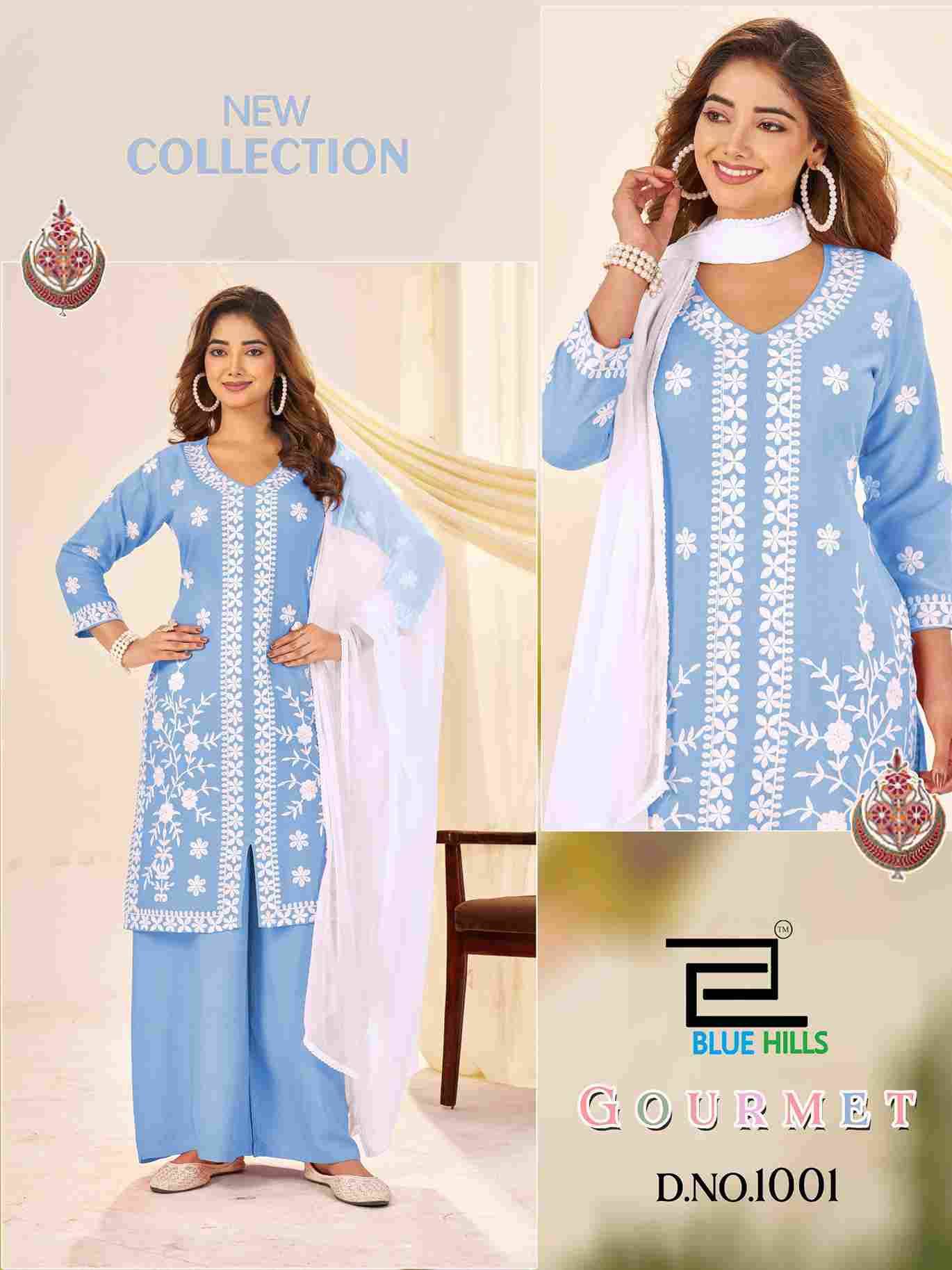 Gourmet By Blue Hills 1001 To 1004 Series Beautiful Stylish Festive Suits Fancy Colorful Casual Wear & Ethnic Wear & Ready To Wear Rayon Dresses At Wholesale Price