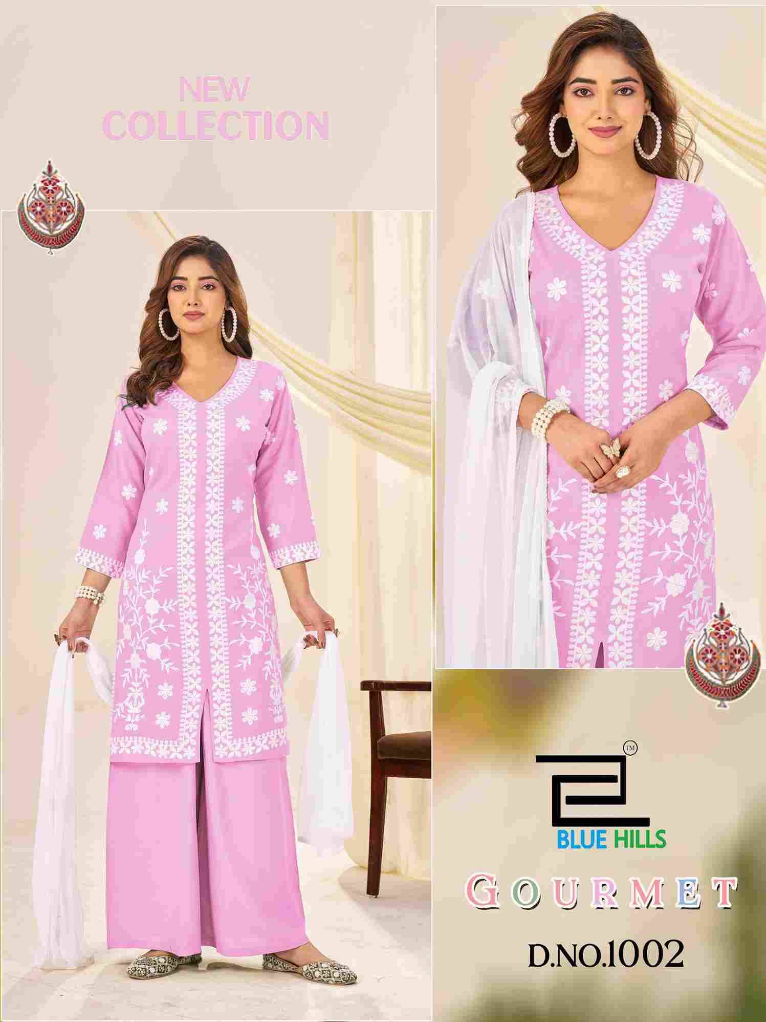 Gourmet By Blue Hills 1001 To 1004 Series Beautiful Stylish Festive Suits Fancy Colorful Casual Wear & Ethnic Wear & Ready To Wear Rayon Dresses At Wholesale Price