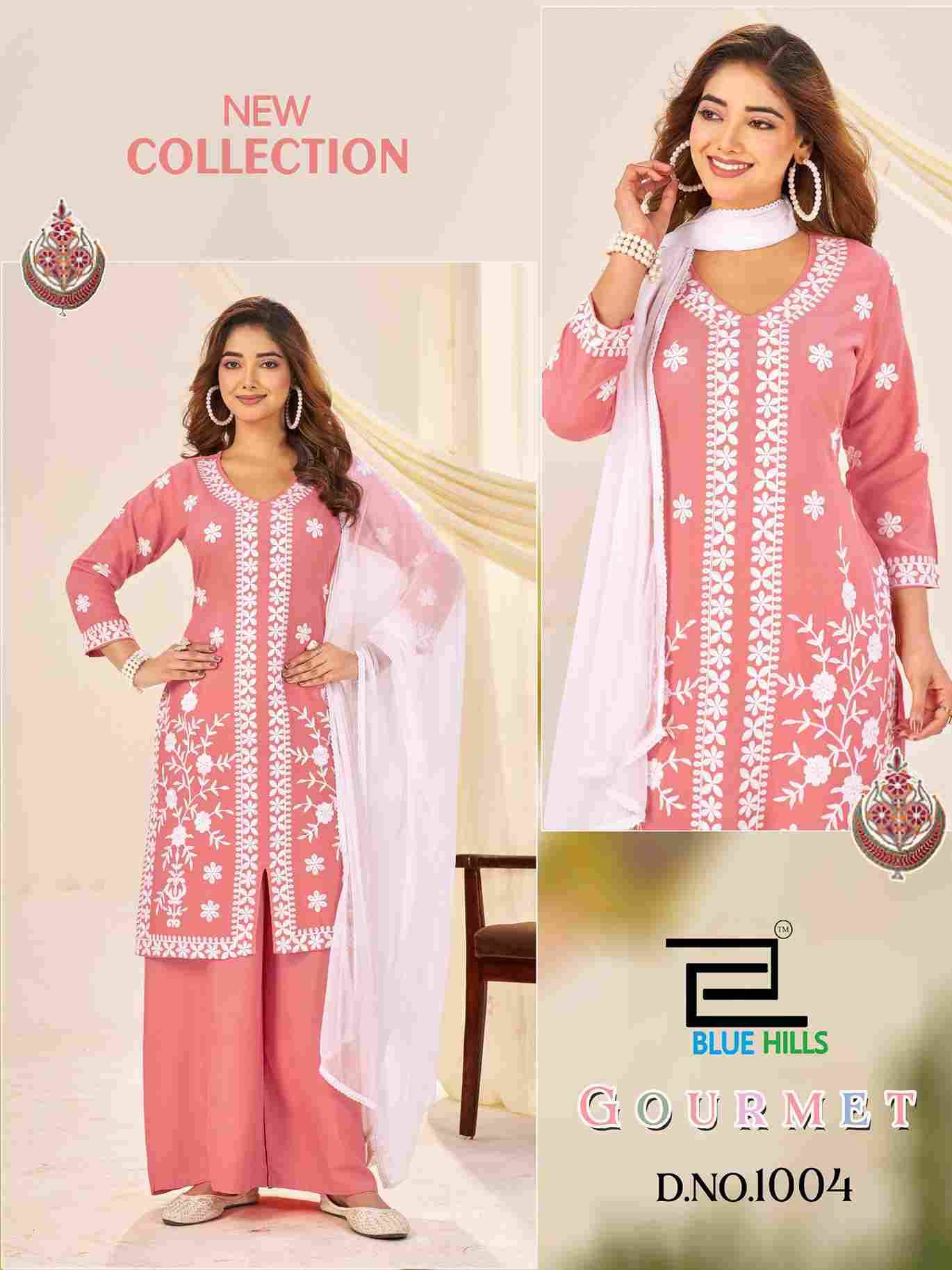 Gourmet By Blue Hills 1001 To 1004 Series Beautiful Stylish Festive Suits Fancy Colorful Casual Wear & Ethnic Wear & Ready To Wear Rayon Dresses At Wholesale Price