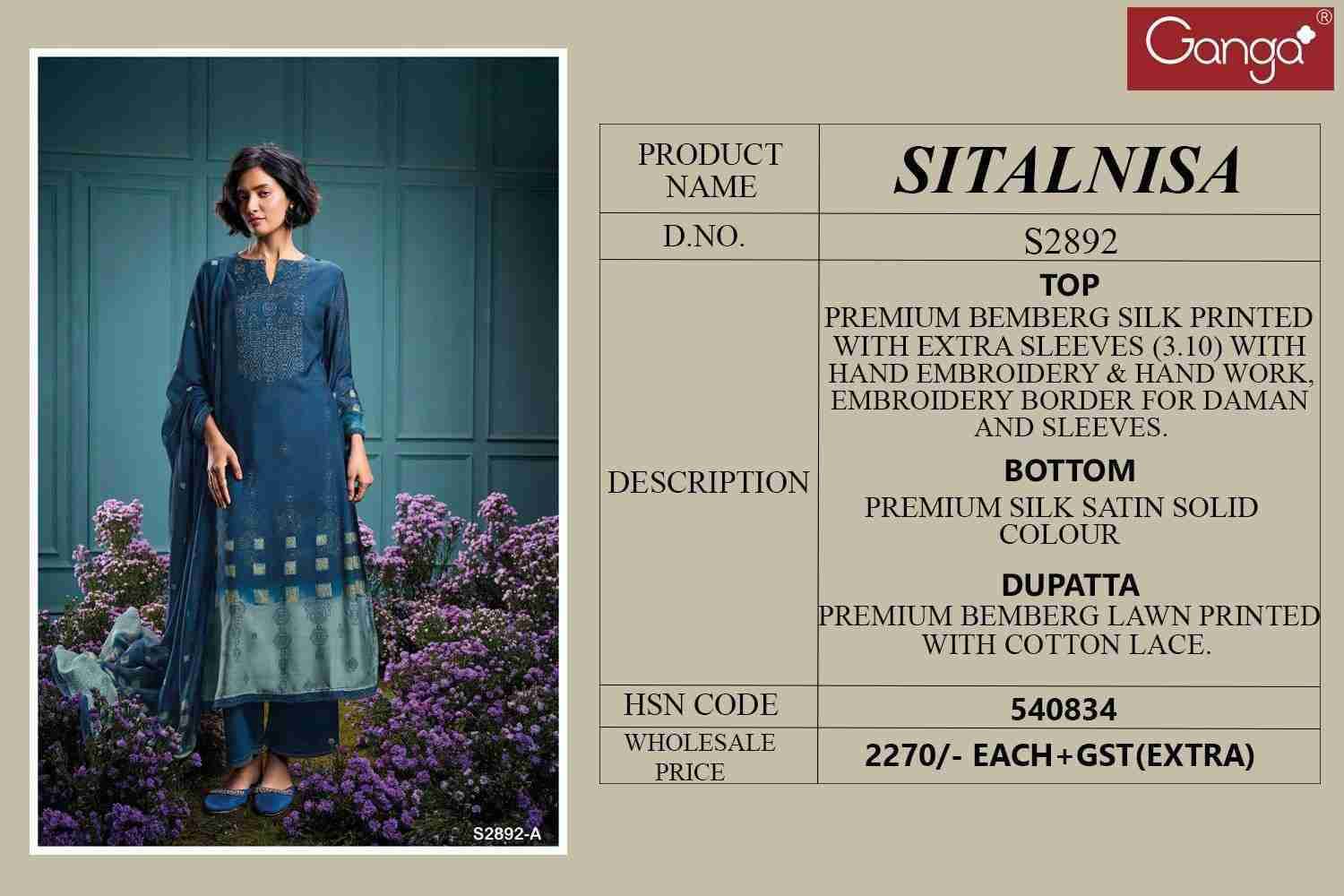Sitalnisa-2892 By Ganga Fashion 2892-A To 2892-D Series Beautiful Festive Suits Colorful Stylish Fancy Casual Wear & Ethnic Wear Pure Bemberg Silk Dresses At Wholesale Price