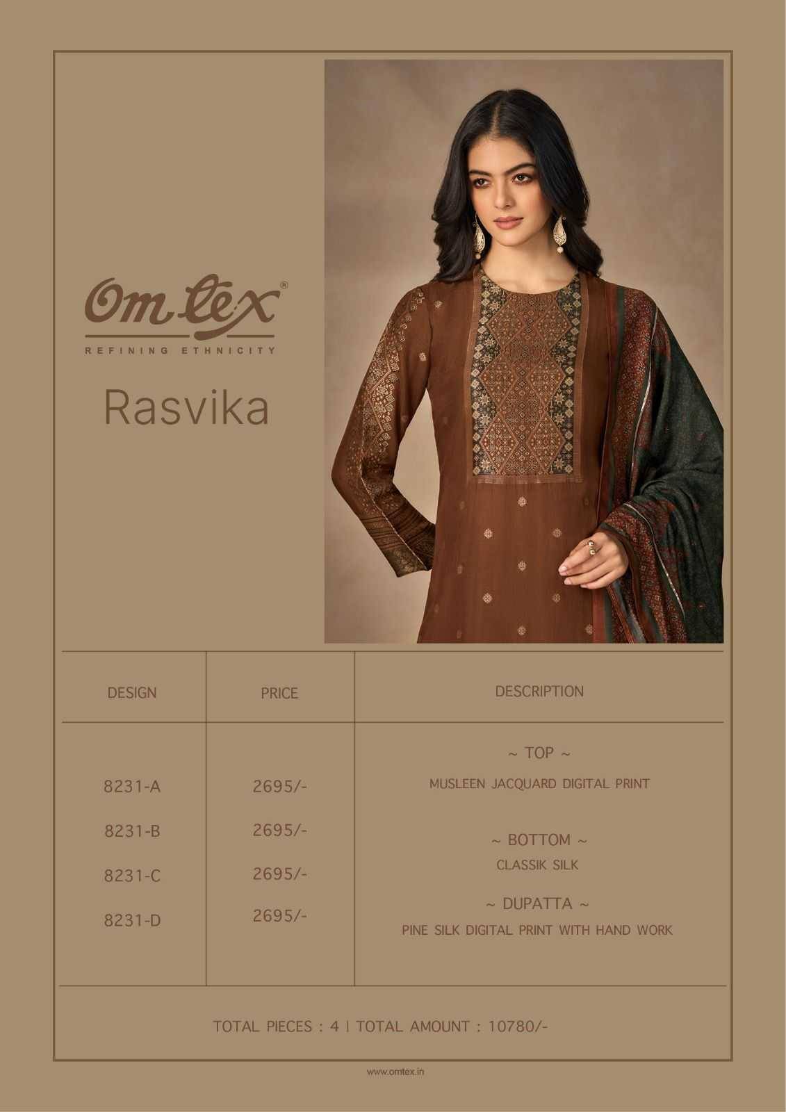 Rasvika By Om Tex 8231-A To 8231-D Series Beautiful Festive Suits Colorful Stylish Fancy Casual Wear & Ethnic Wear Muslin Jacquard Print Dresses At Wholesale Price