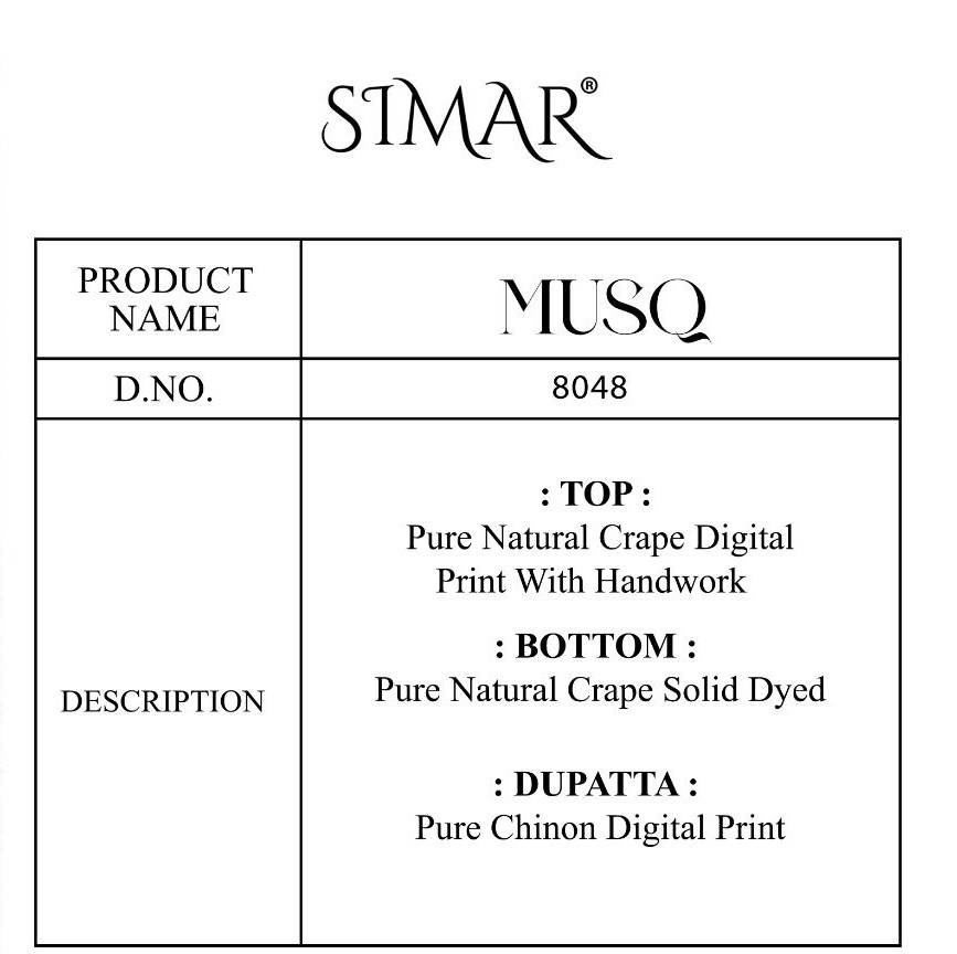 Musq By Simar 8048-A To 8048-D Series Designer Festive Suits Beautiful Stylish Fancy Colorful Party Wear & Occasional Wear Pure Natural Crepe Dresses At Wholesale Price