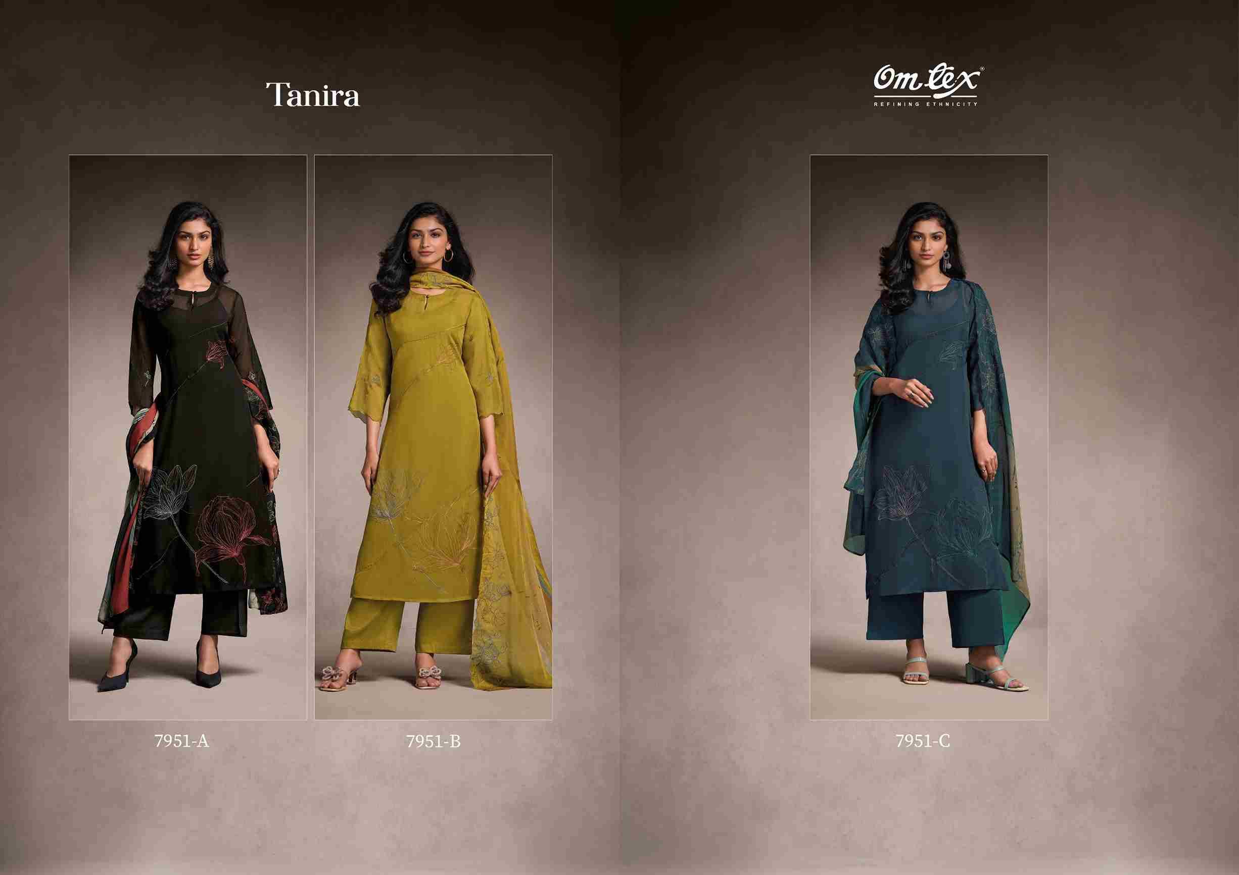 Tanira By Om Tex 7951-A To 7951-C Series Beautiful Festive Suits Colorful Stylish Fancy Casual Wear & Ethnic Wear Organza Dresses At Wholesale Price