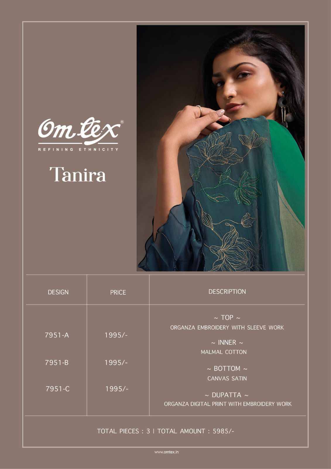 Tanira By Om Tex 7951-A To 7951-C Series Beautiful Festive Suits Colorful Stylish Fancy Casual Wear & Ethnic Wear Organza Dresses At Wholesale Price
