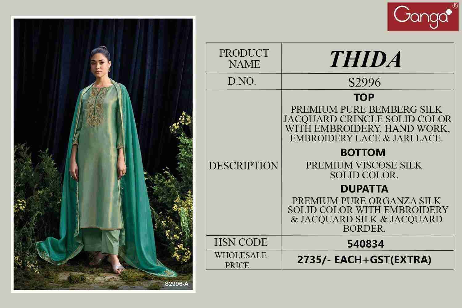 Thida-2996 By Ganga Fashion 2996-A To 2996-B Series Beautiful Festive Suits Colorful Stylish Fancy Casual Wear & Ethnic Wear Pure Bemberg Silk Dresses At Wholesale Price