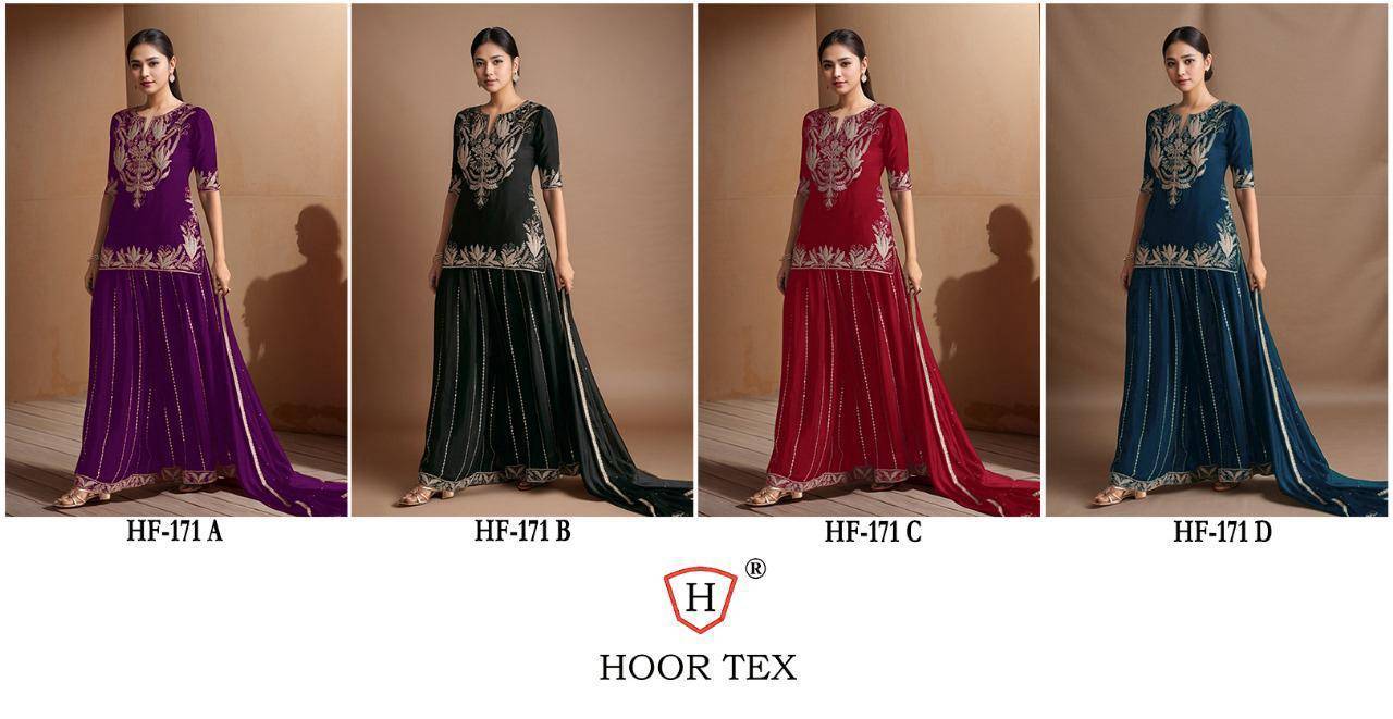 Hoor Tex Hit Design HF-171 Colours By Hoor Tex HF-171-A To HF-171-D Series Designer Festive Pakistani Suits Collection Beautiful Stylish Fancy Colorful Party Wear & Occasional Wear Heavy Chinnon Embroidered Dresses At Wholesale Price