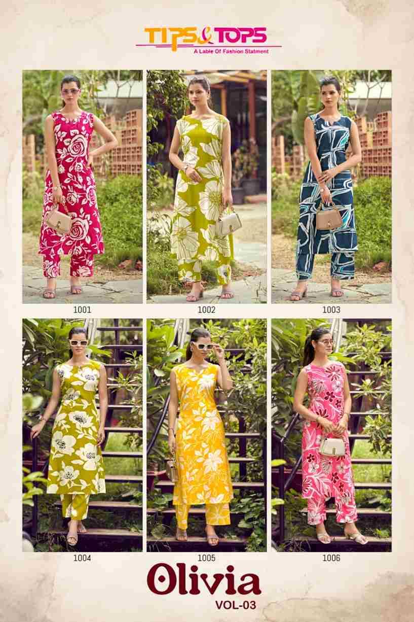 Olivia Vol-3 By Tips And Tops 1001 To 1006 Series Designer Stylish Fancy Colorful Beautiful Party Wear & Ethnic Wear Collection Rayon Print Tops With Bottom At Wholesale Price