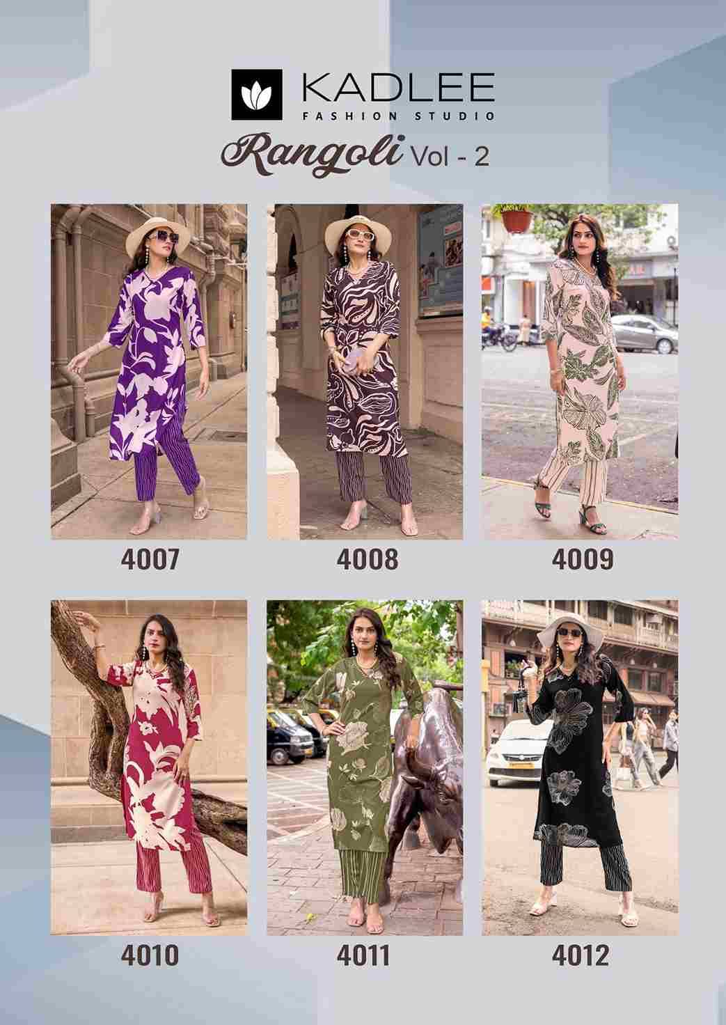 Rangoli Vol-2 By Kadlee 4007 To 4012 Series Designer Stylish Fancy Colorful Beautiful Party Wear & Ethnic Wear Collection Rayon Print Kurtis With Bottom At Wholesale Price