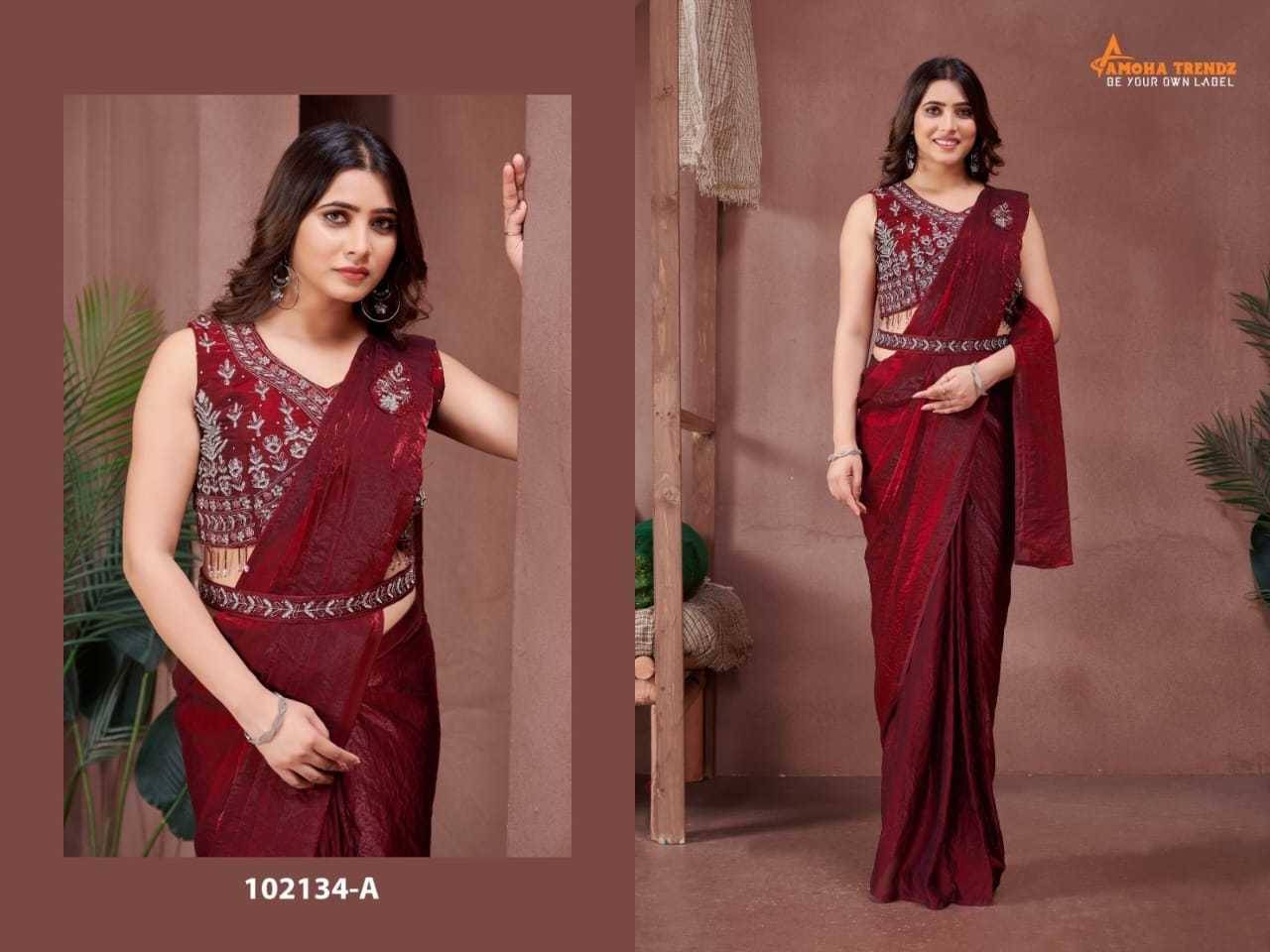 102134 By Amoha Trendz 102134-A To 102134-D Series Indian Traditional Wear Collection Beautiful Stylish Fancy Colorful Party Wear & Occasional Wear Satin Sarees At Wholesale Price
