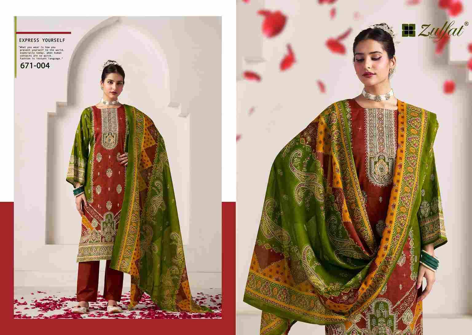 Sajni Vol-8 By Zulfat 671-001 To 671-004 Series Beautiful Festive Suits Stylish Fancy Colorful Casual Wear & Ethnic Wear Pure Jam Cotton Print Dresses At Wholesale Price