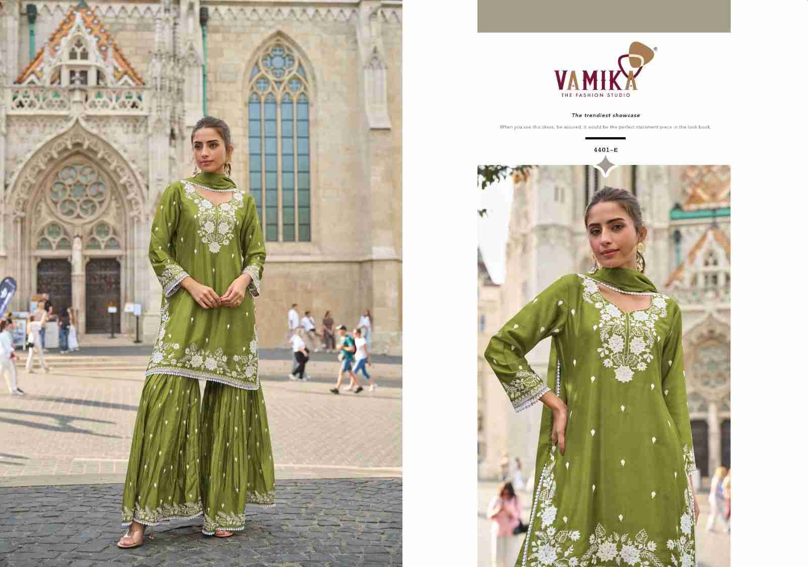 Anamika Vol-3 By Vamika 4401-A To 4401-E Series Designer Sharara Stylish Fancy Colorful Beautiful Party Wear & Ethnic Wear Collection Chinnon Dresses At Wholesale Price