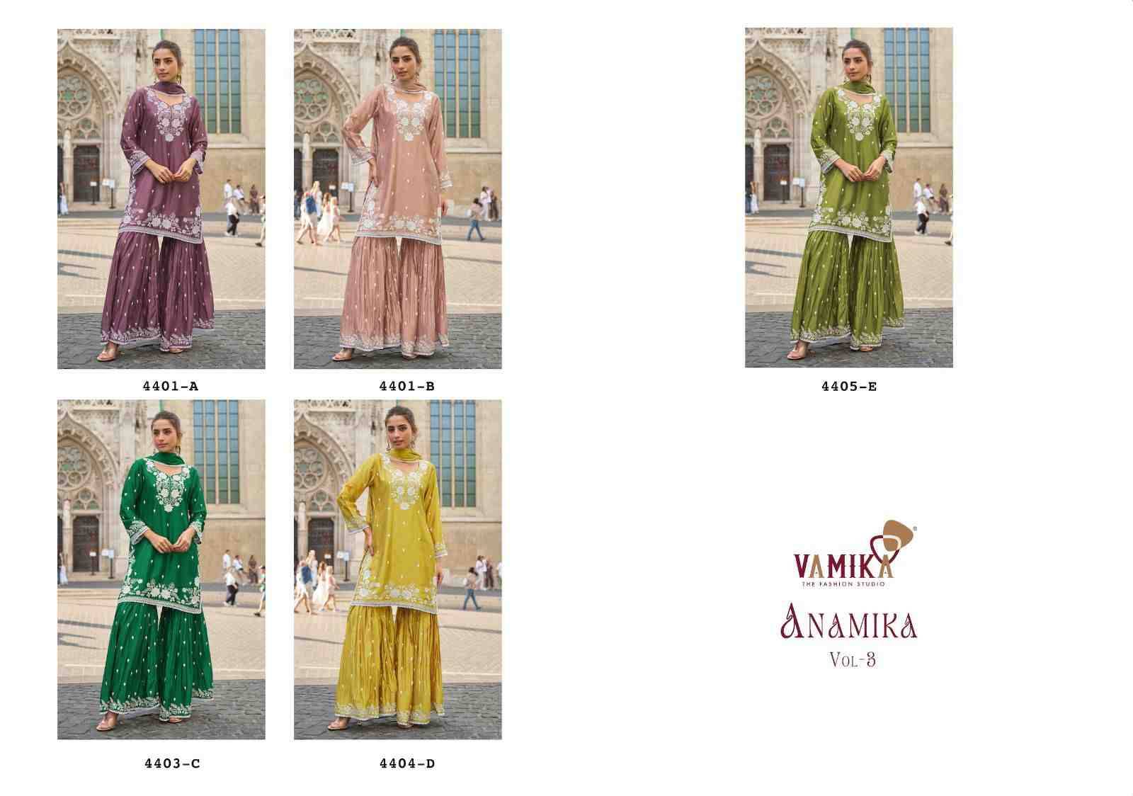 Anamika Vol-3 By Vamika 4401-A To 4401-E Series Designer Sharara Stylish Fancy Colorful Beautiful Party Wear & Ethnic Wear Collection Chinnon Dresses At Wholesale Price