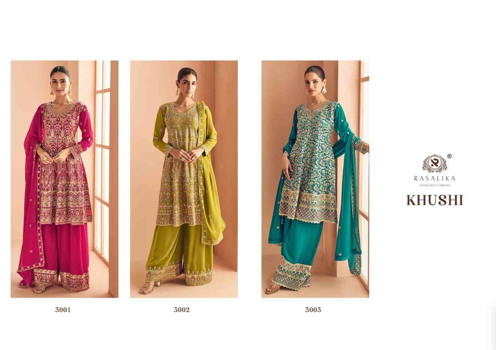 Khushi By Rasalika 3001 To 3003 Series Designer Sharara Suits Beautiful Fancy Colorful Stylish Party Wear & Occasional Wear Heavy Georgette Dresses At Wholesale Price