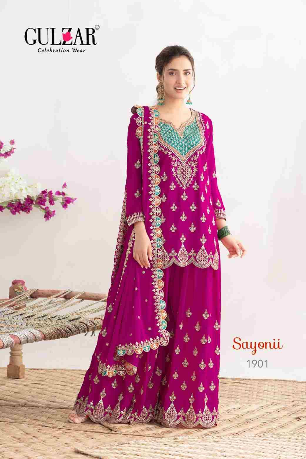 Sayonii By Gulzar 1901 To 1903 Series Beautiful Sharara Suits Colorful Stylish Fancy Casual Wear & Ethnic Wear Chinnon Dresses At Wholesale Price