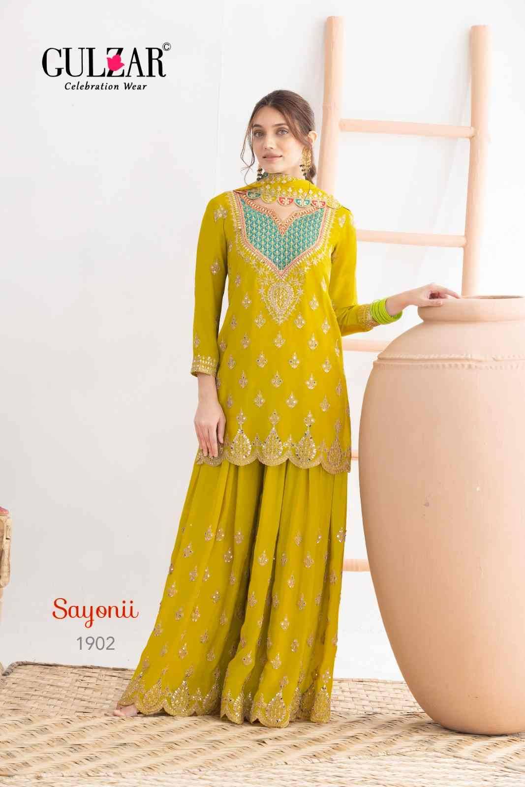 Sayonii By Gulzar 1901 To 1903 Series Beautiful Sharara Suits Colorful Stylish Fancy Casual Wear & Ethnic Wear Chinnon Dresses At Wholesale Price