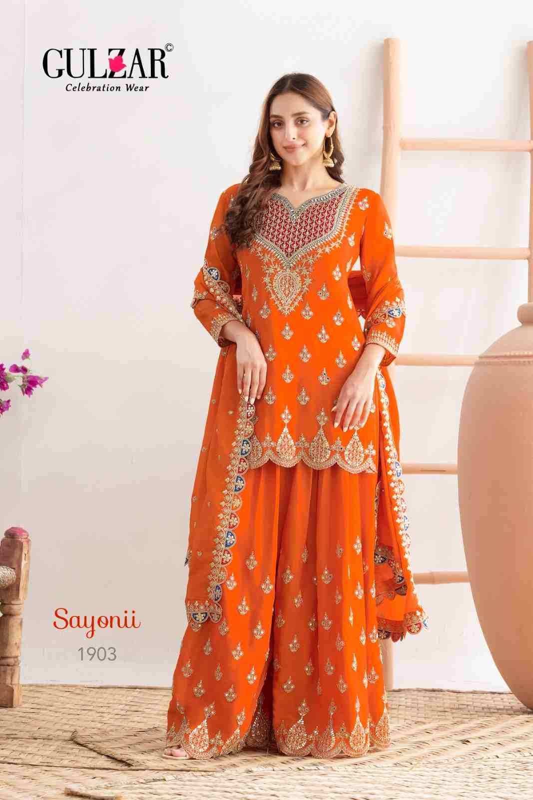 Sayonii By Gulzar 1901 To 1903 Series Beautiful Sharara Suits Colorful Stylish Fancy Casual Wear & Ethnic Wear Chinnon Dresses At Wholesale Price