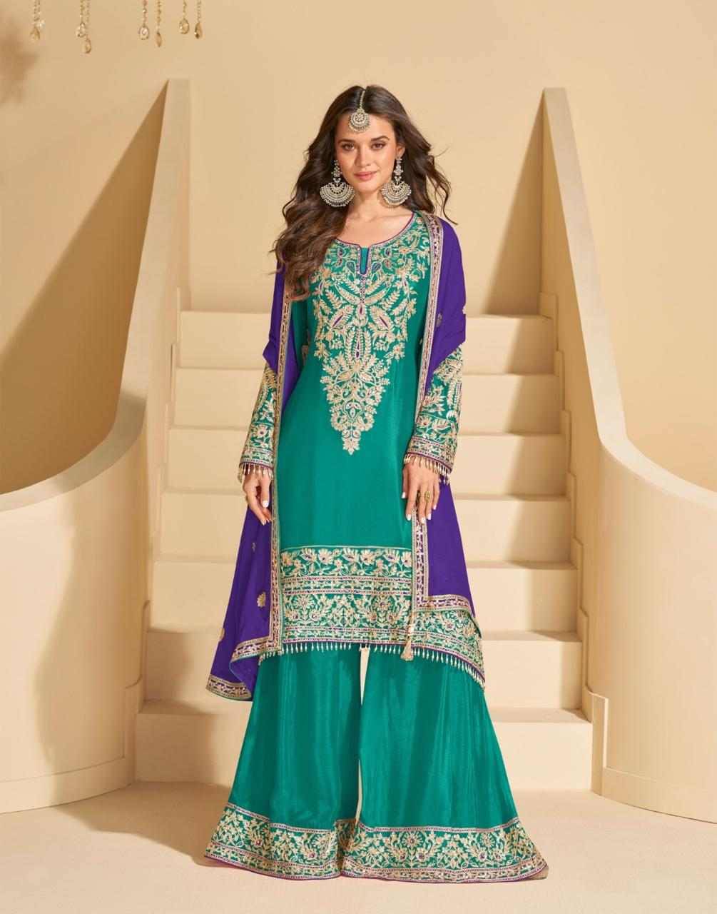 Sundari By Sayuri 10016 To 10020 Series Beautiful Sharara Suits Colorful Stylish Fancy Casual Wear & Ethnic Wear Chinnon Silk Dresses At Wholesale Price