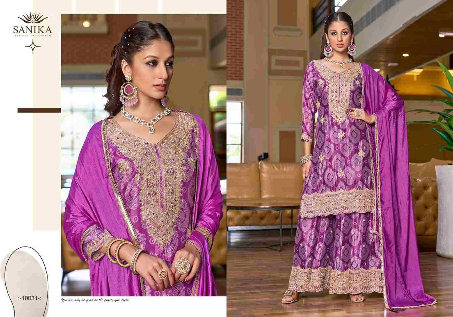 Rangrezia By Sanika 10028 To 10031 Series Beautiful Sharara Suits Stylish Fancy Colorful Party Wear & Occasional Wear Premium Chinnon Silk Dresses At Wholesale Price