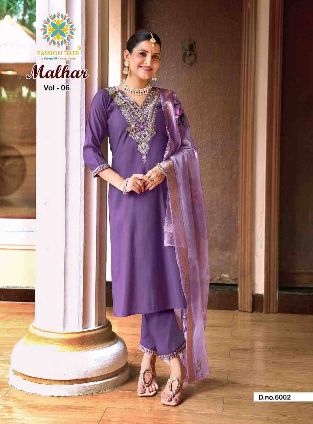 Malhar Vol-6 By Passion Tree 6001 To 6008 Series Beautiful Stylish Festive Suits Fancy Colorful Casual Wear & Ethnic Wear & Ready To Wear Roman Silk Dresses At Wholesale Price