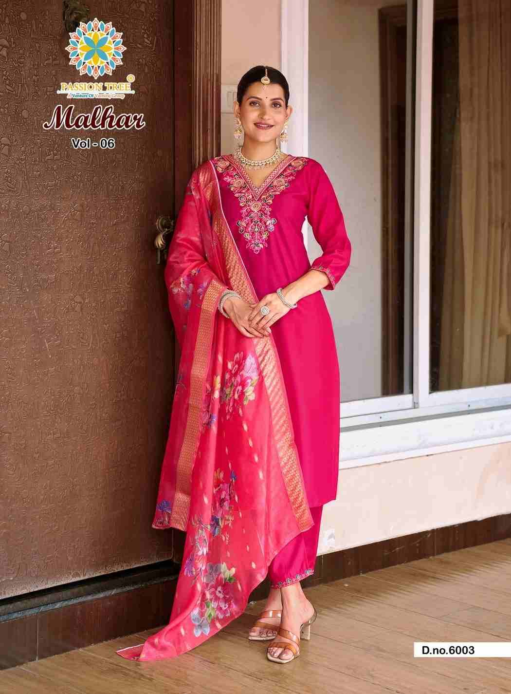 Malhar Vol-6 By Passion Tree 6001 To 6008 Series Beautiful Stylish Festive Suits Fancy Colorful Casual Wear & Ethnic Wear & Ready To Wear Roman Silk Dresses At Wholesale Price