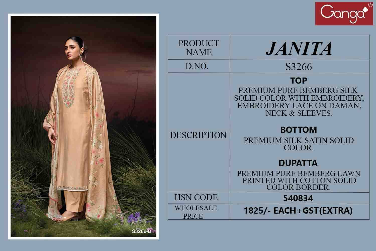 Janita-3266 By Ganga Fashion 3266-A To 3266-D Series Beautiful Festive Suits Colorful Stylish Fancy Casual Wear & Ethnic Wear Pure Bemberg Silk Dresses At Wholesale Price