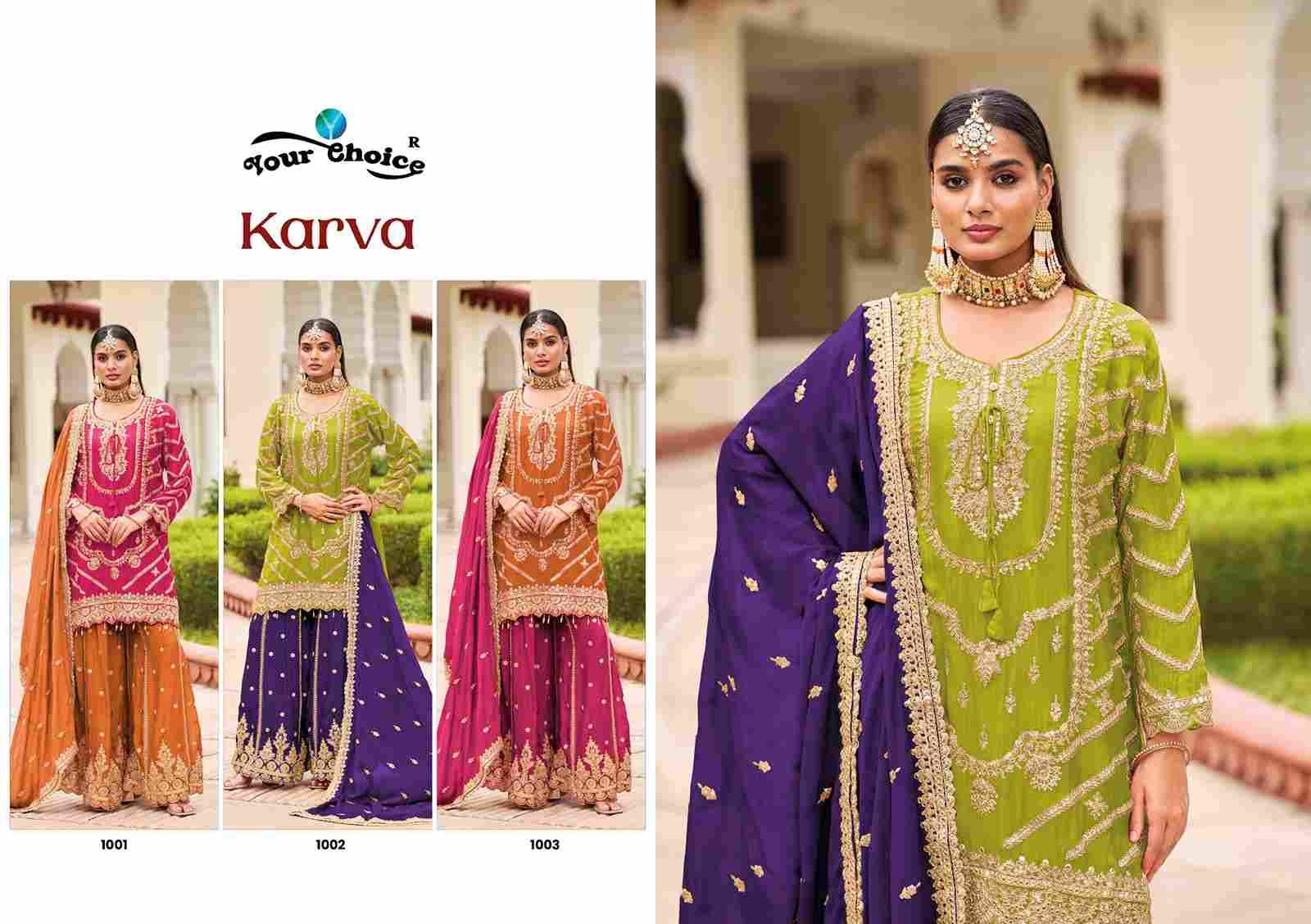 Karva By Your Choice 1001 To 1003 Series Designer Sharara Suits Beautiful Fancy Colorful Stylish Party Wear & Occasional Wear Heavy Chinnon Dresses At Wholesale Price