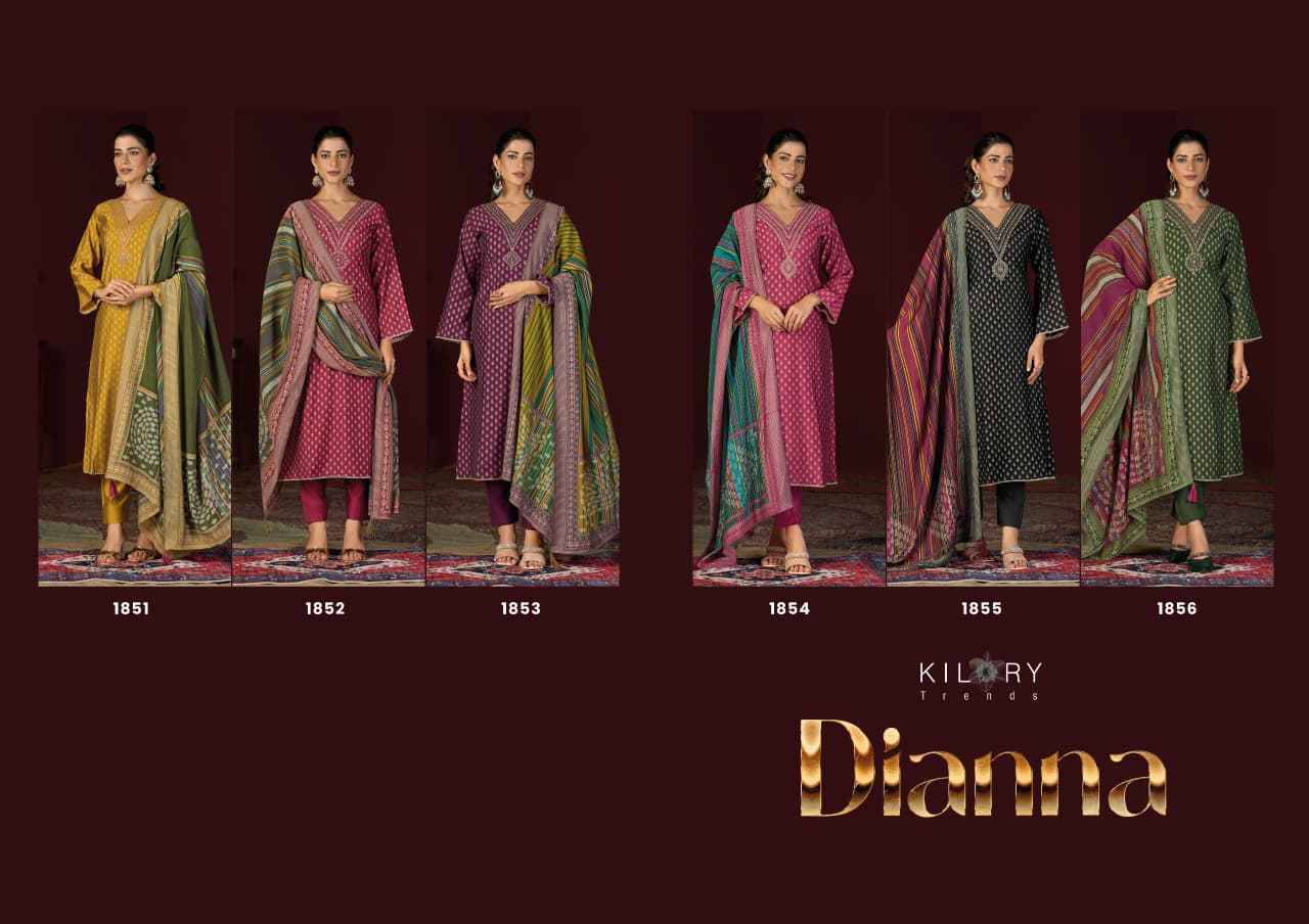Dianna By Kilory 1851 To 1856 Series Beautiful Festive Suits Colorful Stylish Fancy Casual Wear & Ethnic Wear Pure Muslin Silk Dresses At Wholesale Price