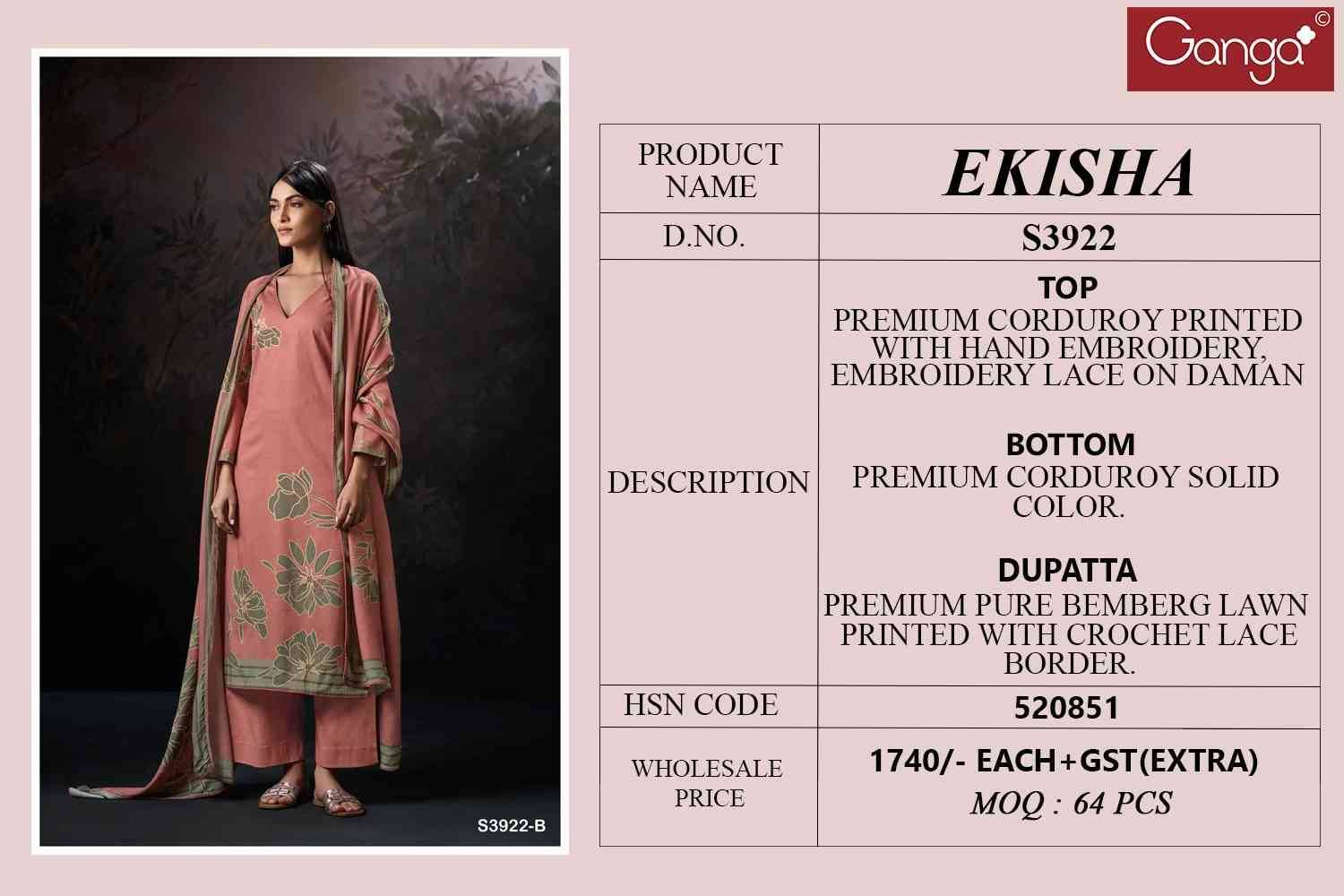 Ekisha-3922 By Ganga Fashion 3922-A To 3922-D Series Beautiful Festive Suits Colorful Stylish Fancy Casual Wear & Ethnic Wear Corduroy Dresses At Wholesale Price