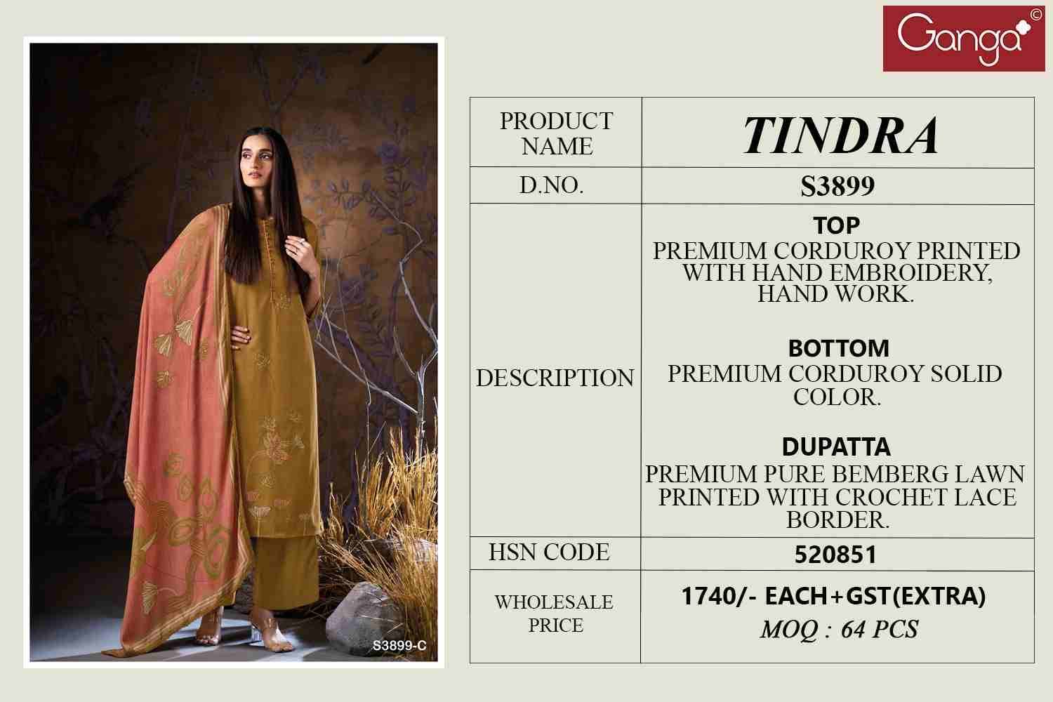 Tindra-3899 By Ganga Fashion 3899-A To 3899-D Series Beautiful Festive Suits Colorful Stylish Fancy Casual Wear & Ethnic Wear Corduroy Dresses At Wholesale Price