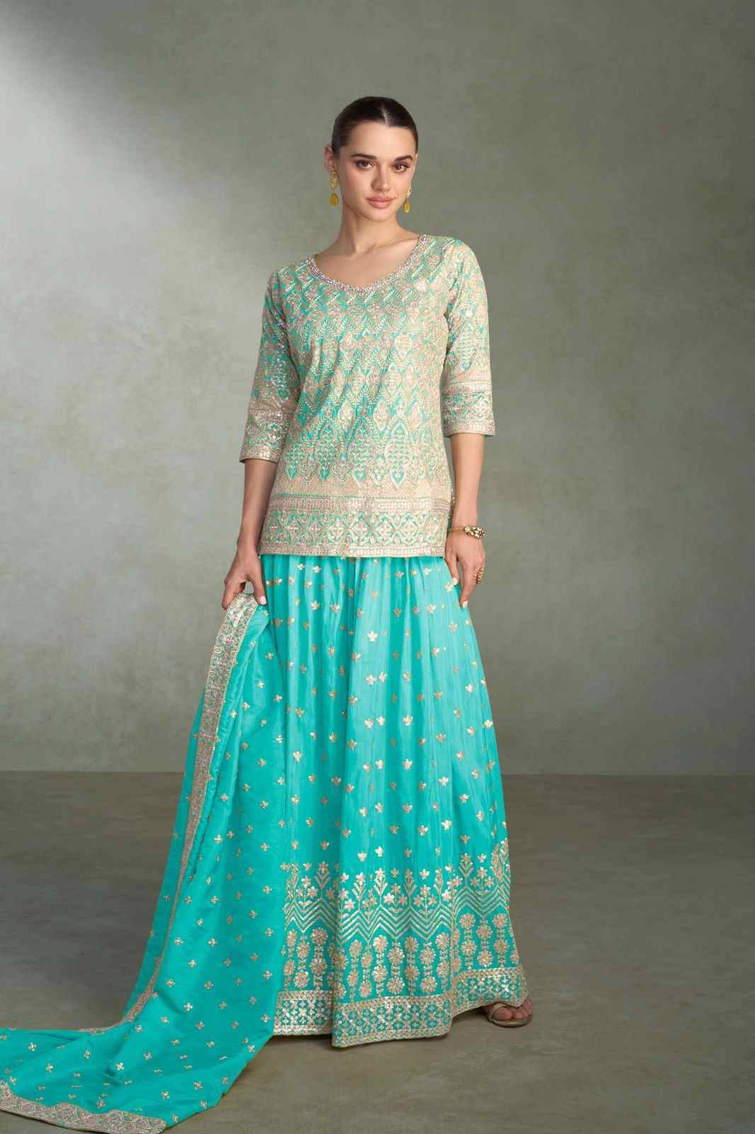 Kasturi By Gulkayra Designer 7550-A To 7550-C Series Designer Sharara Suits Beautiful Fancy Colorful Stylish Party Wear & Occasional Wear Simmer Silk Dresses At Wholesale Price