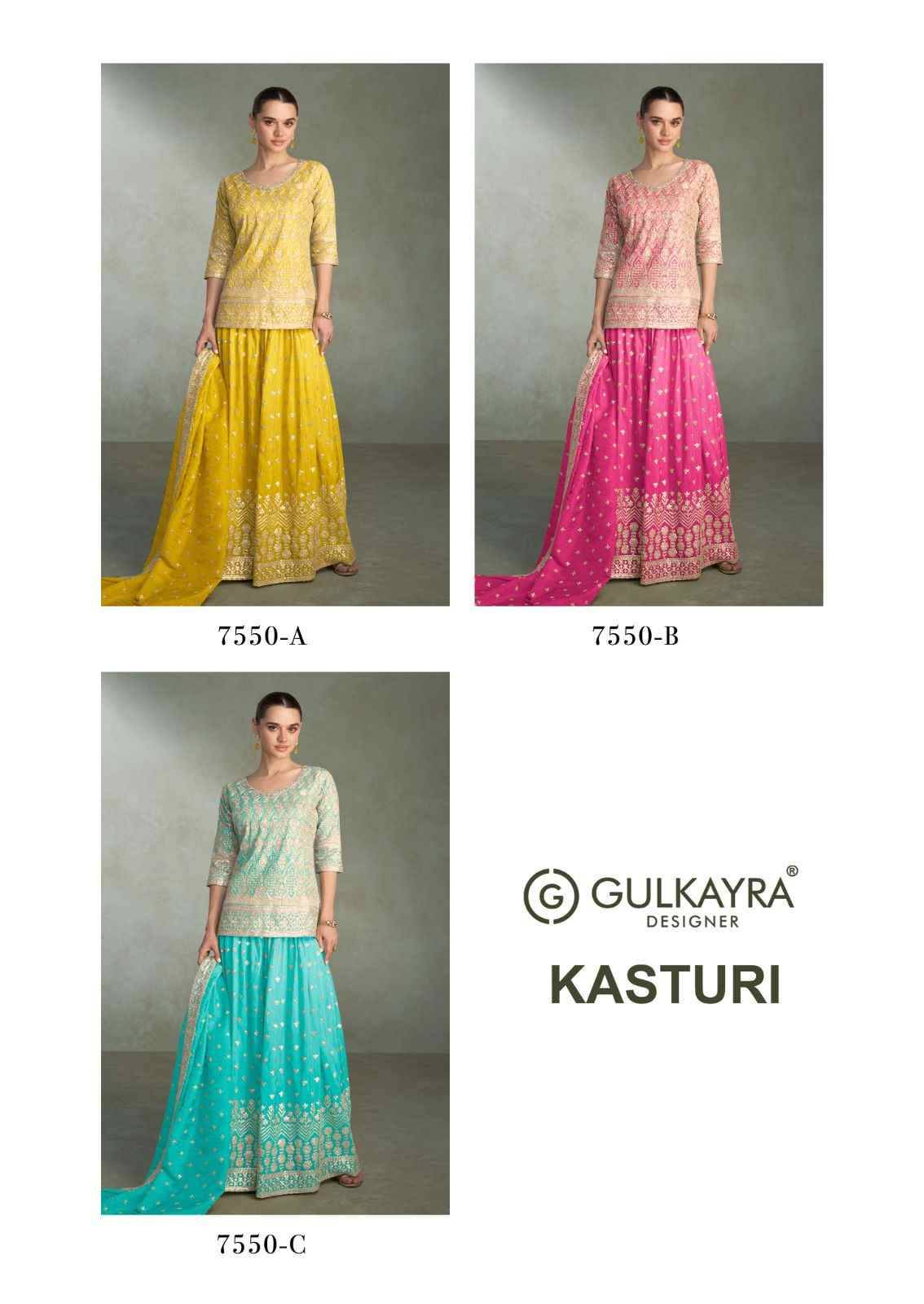 Kasturi By Gulkayra Designer 7550-A To 7550-C Series Designer Sharara Suits Beautiful Fancy Colorful Stylish Party Wear & Occasional Wear Simmer Silk Dresses At Wholesale Price