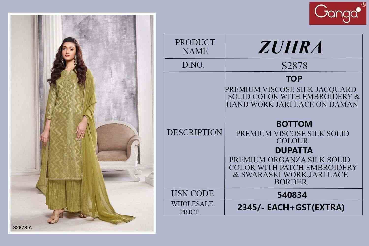 Zuhra-2878 By Ganga Fashion 2878-A To 2878-B Series Beautiful Festive Suits Colorful Stylish Fancy Casual Wear & Ethnic Wear Pure Viscose Silk Jacquard Dresses At Wholesale Price