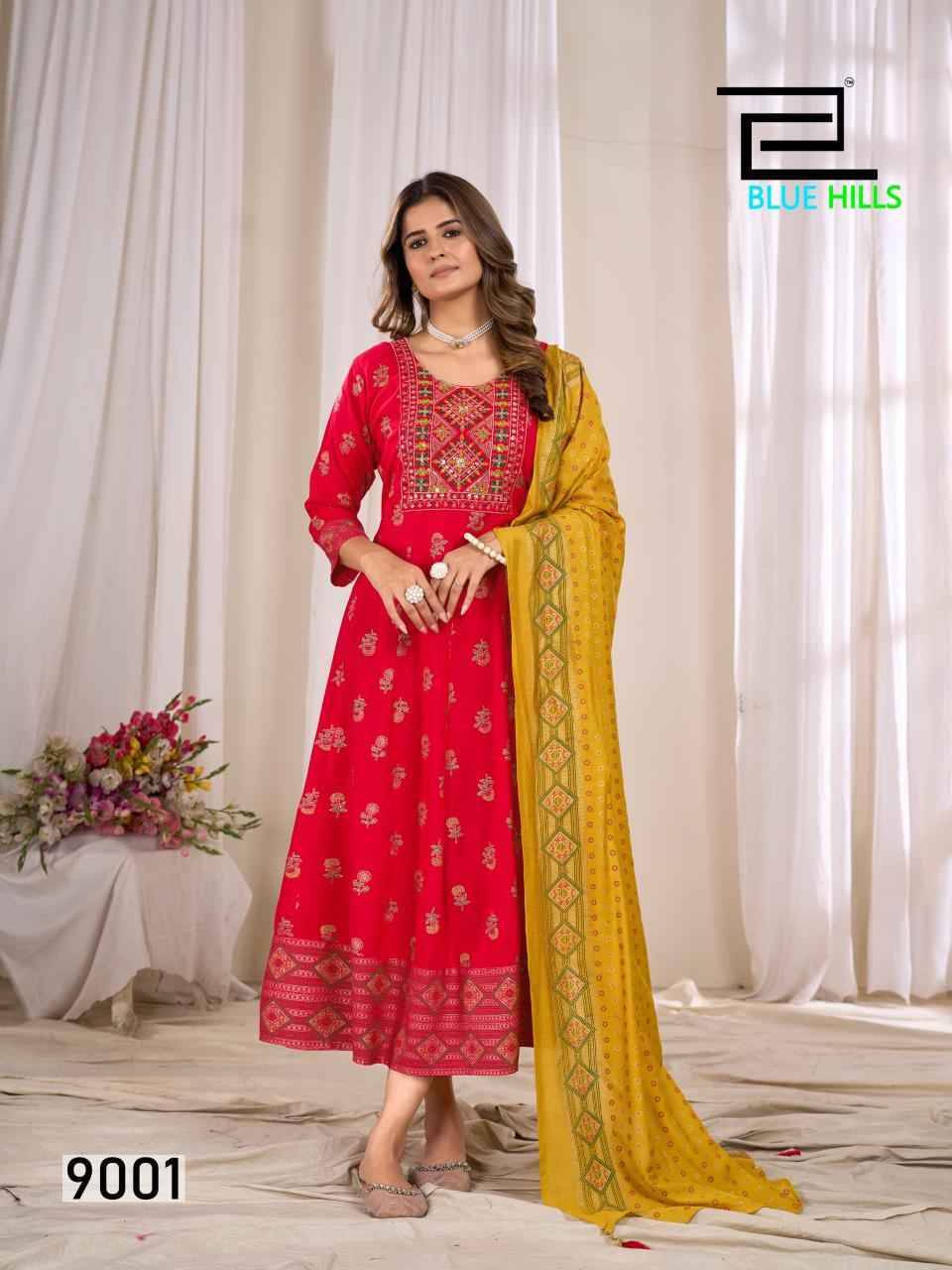 Ritu Special Vol-9 By Blue Hills 9001 To 9006 Series Designer Stylish Fancy Colorful Beautiful Party Wear & Ethnic Wear Collection Rayon Print Gowns With Dupatta At Wholesale Price