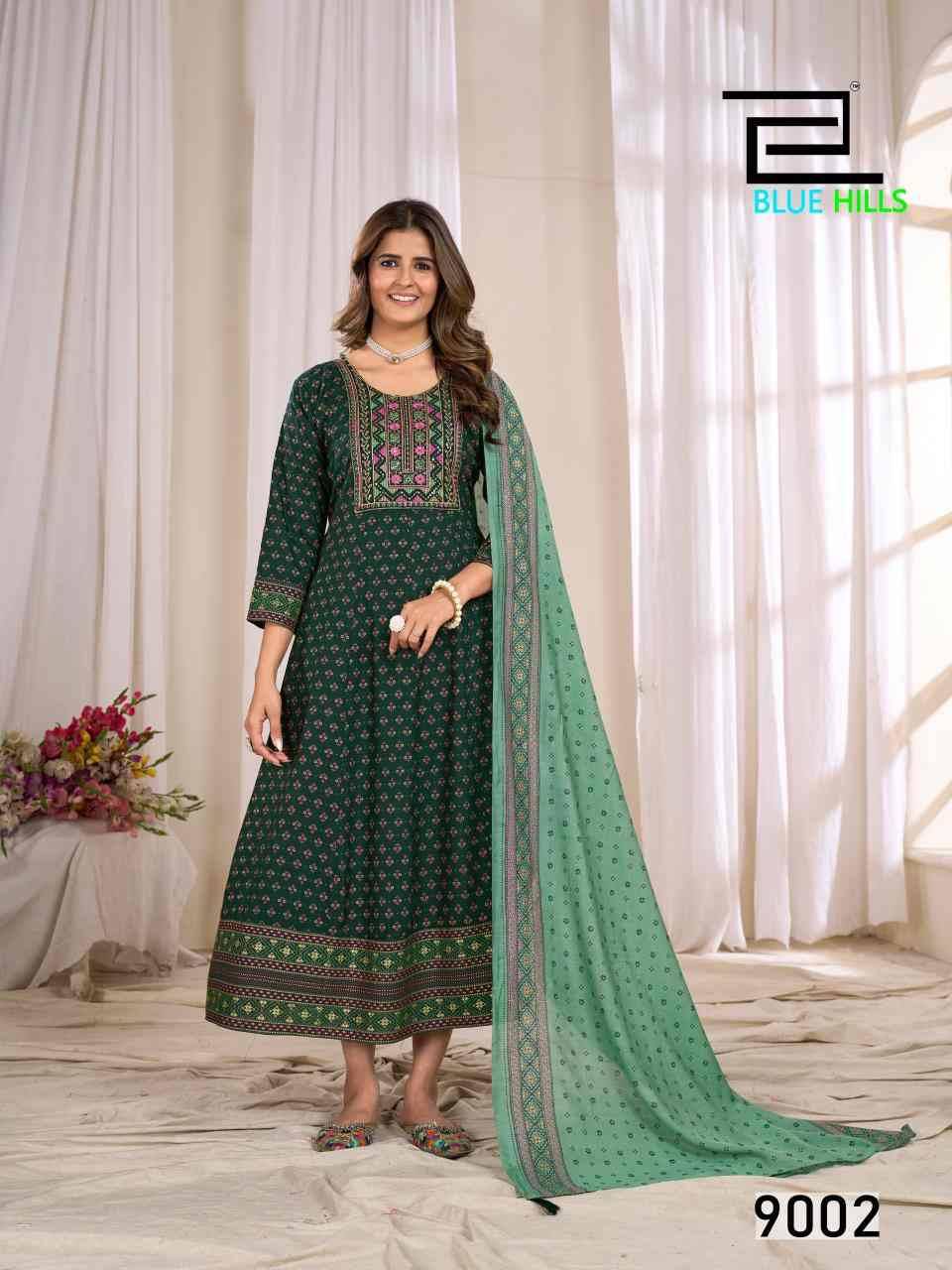 Ritu Special Vol-9 By Blue Hills 9001 To 9006 Series Designer Stylish Fancy Colorful Beautiful Party Wear & Ethnic Wear Collection Rayon Print Gowns With Dupatta At Wholesale Price
