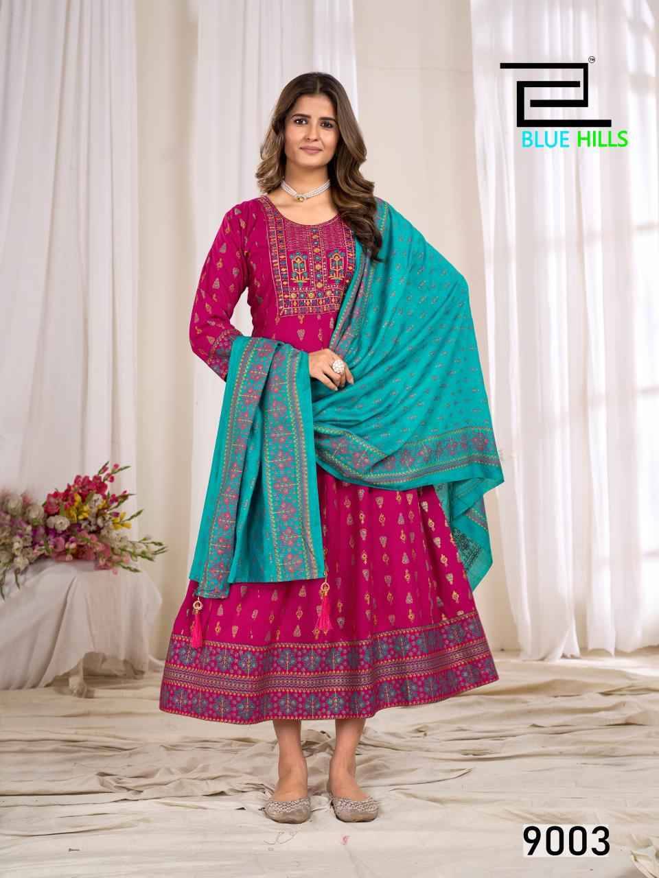 Ritu Special Vol-9 By Blue Hills 9001 To 9006 Series Designer Stylish Fancy Colorful Beautiful Party Wear & Ethnic Wear Collection Rayon Print Gowns With Dupatta At Wholesale Price